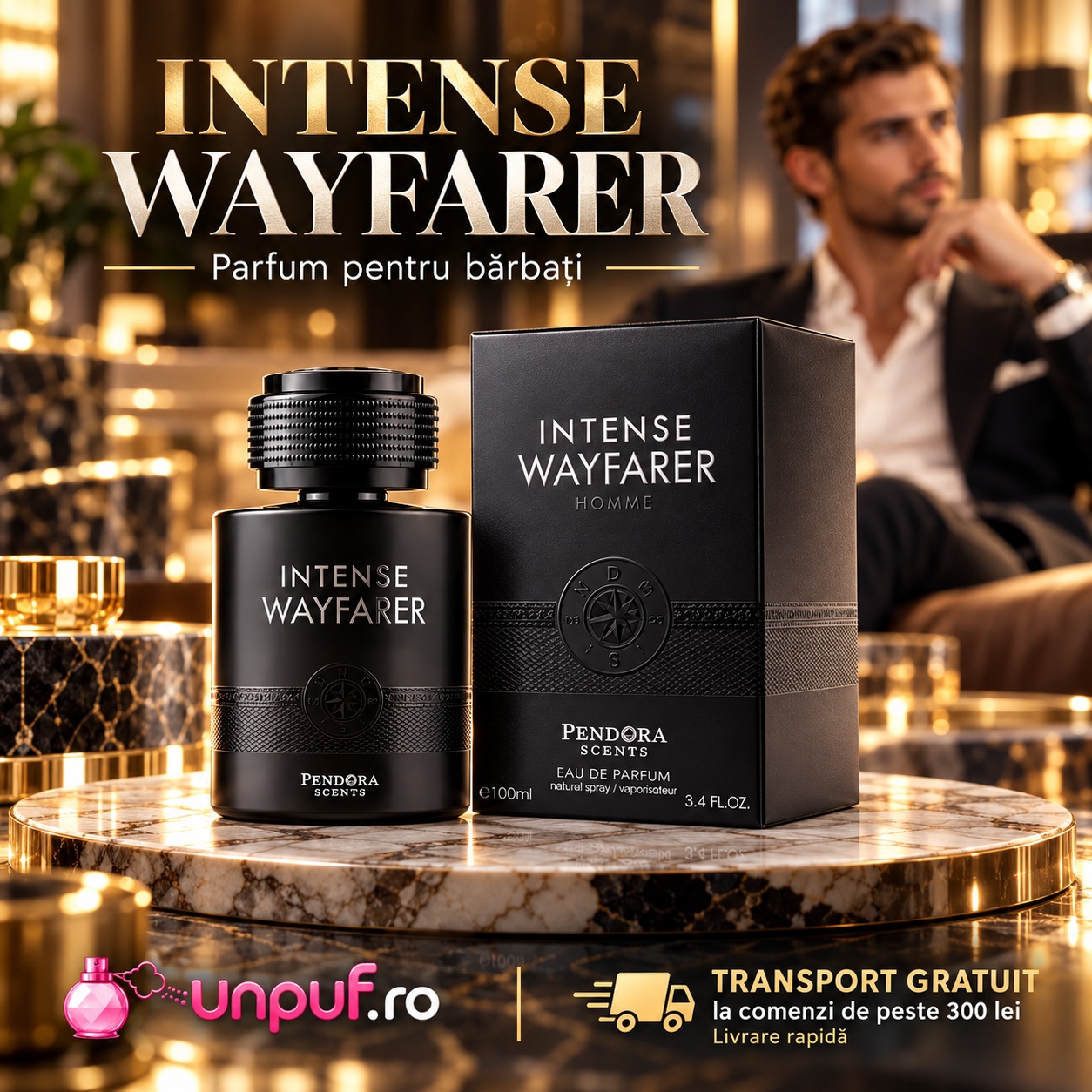 Wayfarer Homme Intense Pendora Scents parfum pentru bărbați cu flacon și cutie elegantă