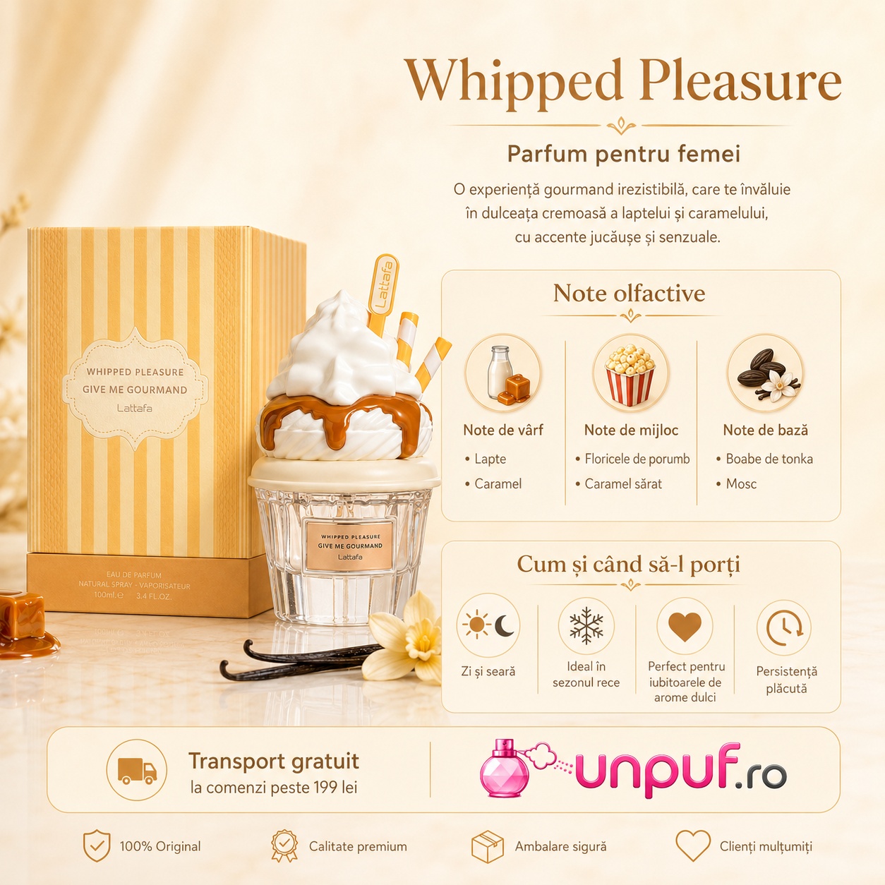 Whipped Pleasure Lattafa parfum unisex cu note olfactive lapte caramel floricele de porumb caramel sărat tonka și mosc