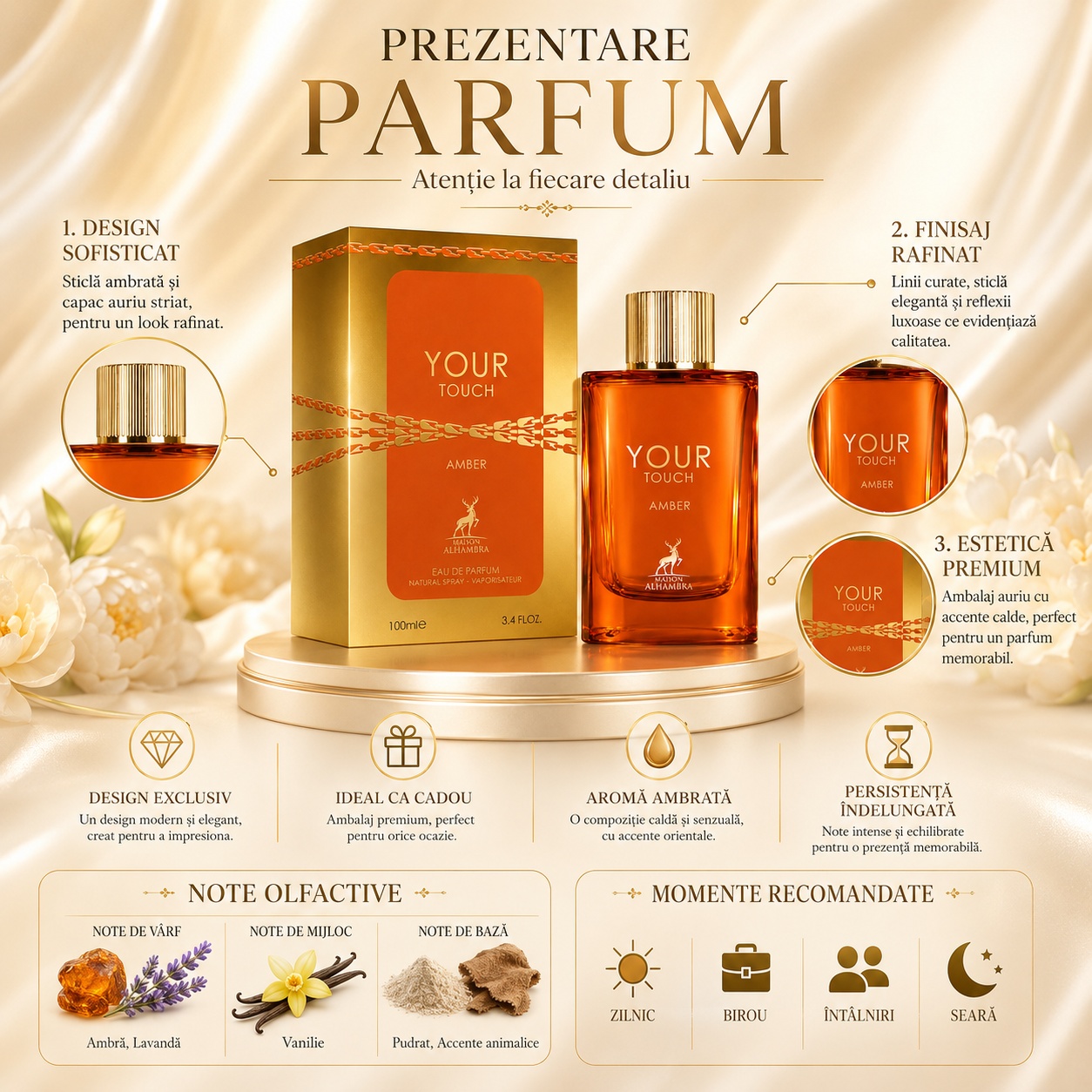Prezentare parfum Your Touch Amber Maison Alhambra cu design sofisticat, finisaj rafinat, estetică premium și persistență &icirc;ndelungată