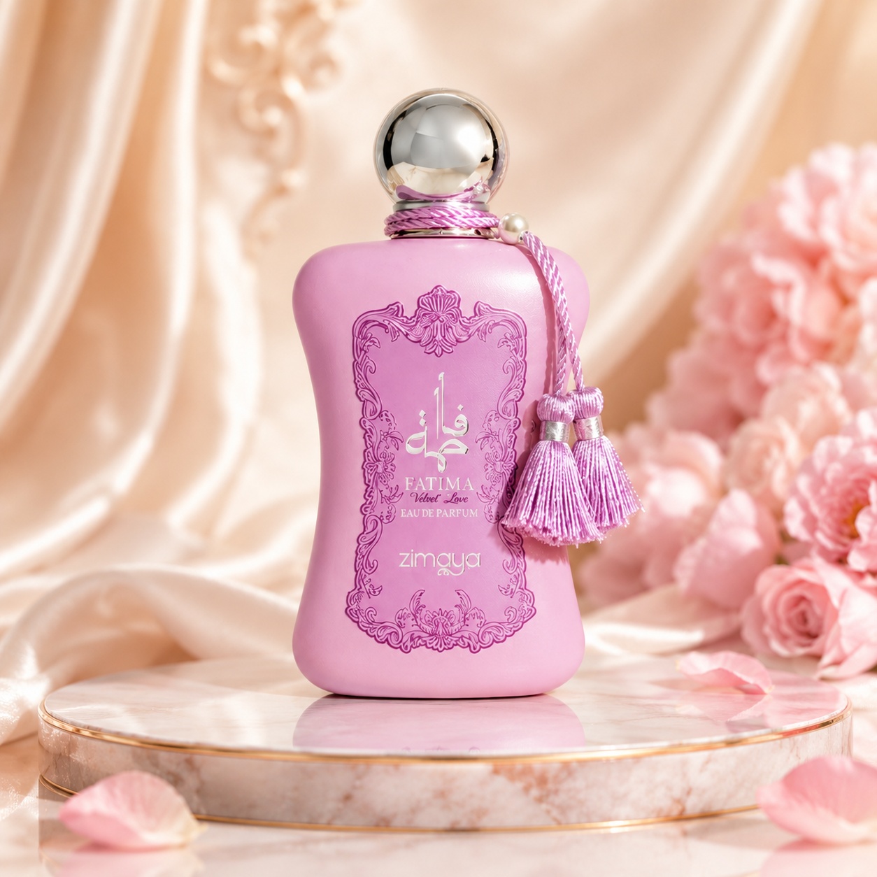 Sticlă parfum Zimaya Fatima Velvet Love 100 ml roz catifelat cu capac metalic și ciucure decorativ premium