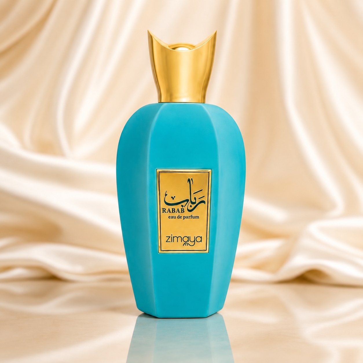 Sticlă parfum Zimaya Rabab Blue 100 ml turcoaz cu capac auriu și etichetă premium