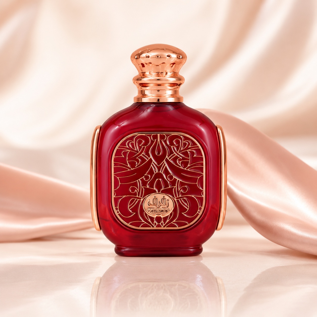 Sticlă parfum Zimaya Zukhruf Cherry 100 ml cu flacon roșu intens și detalii aurii premium