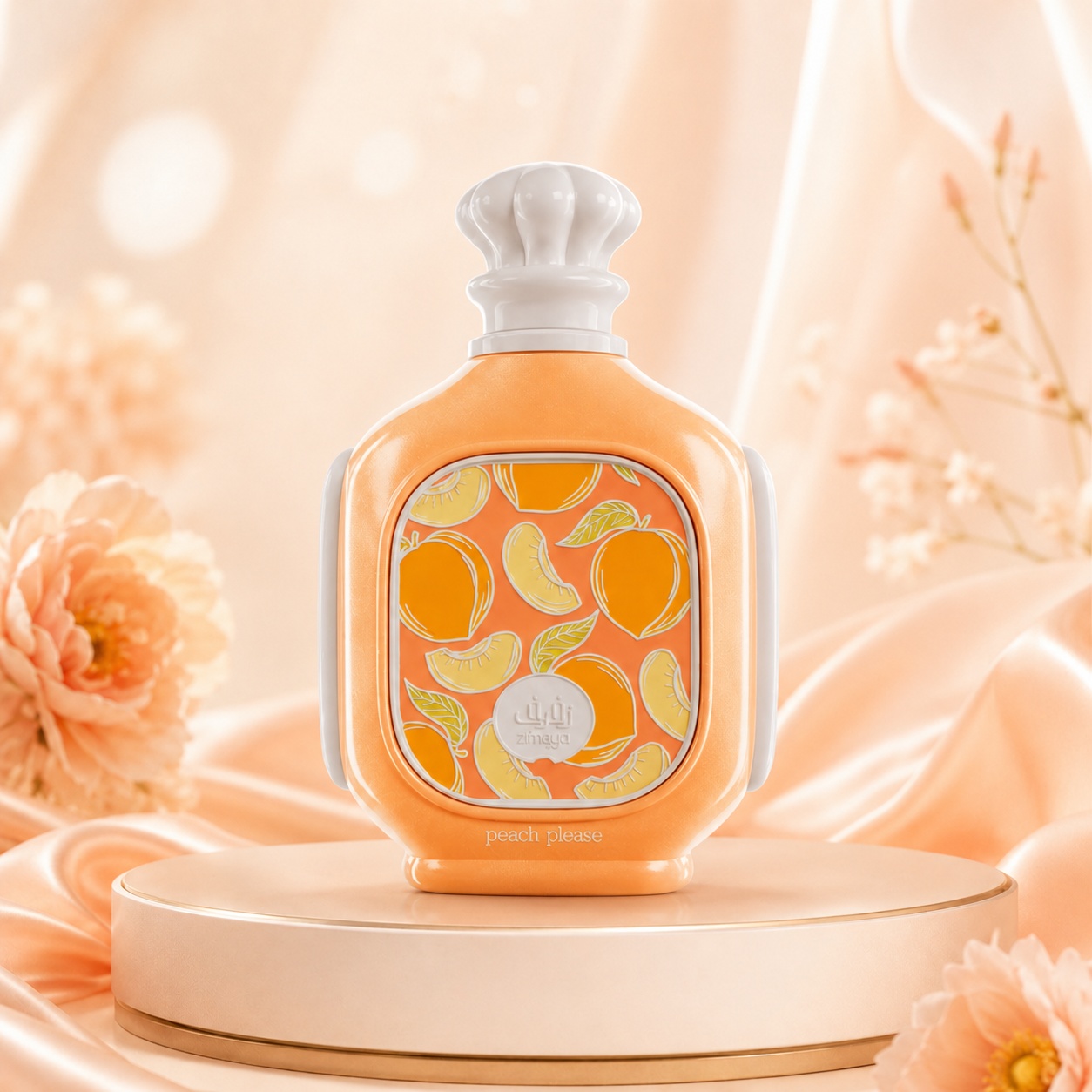 Sticlă parfum Zimaya Zukhruf Peach Please 100 ml cu design portocaliu fructat și capac alb elegant