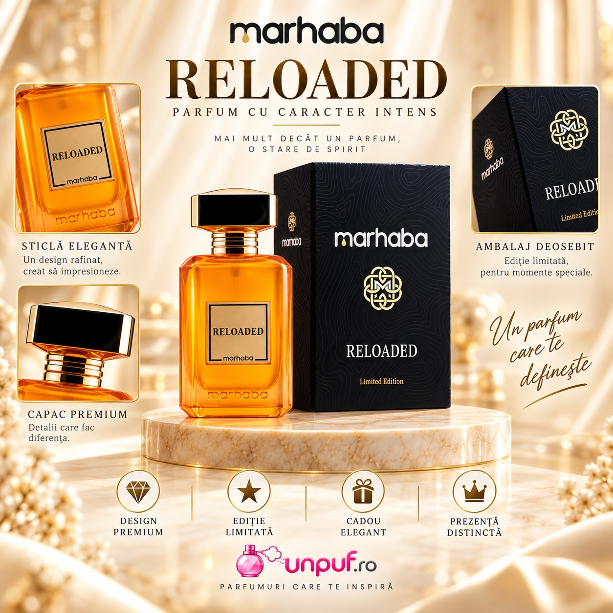 Reloaded Marhaba Marhaba Extract de Parfum unisex prezentare produs cu sticlă elegantă și ambalaj premium