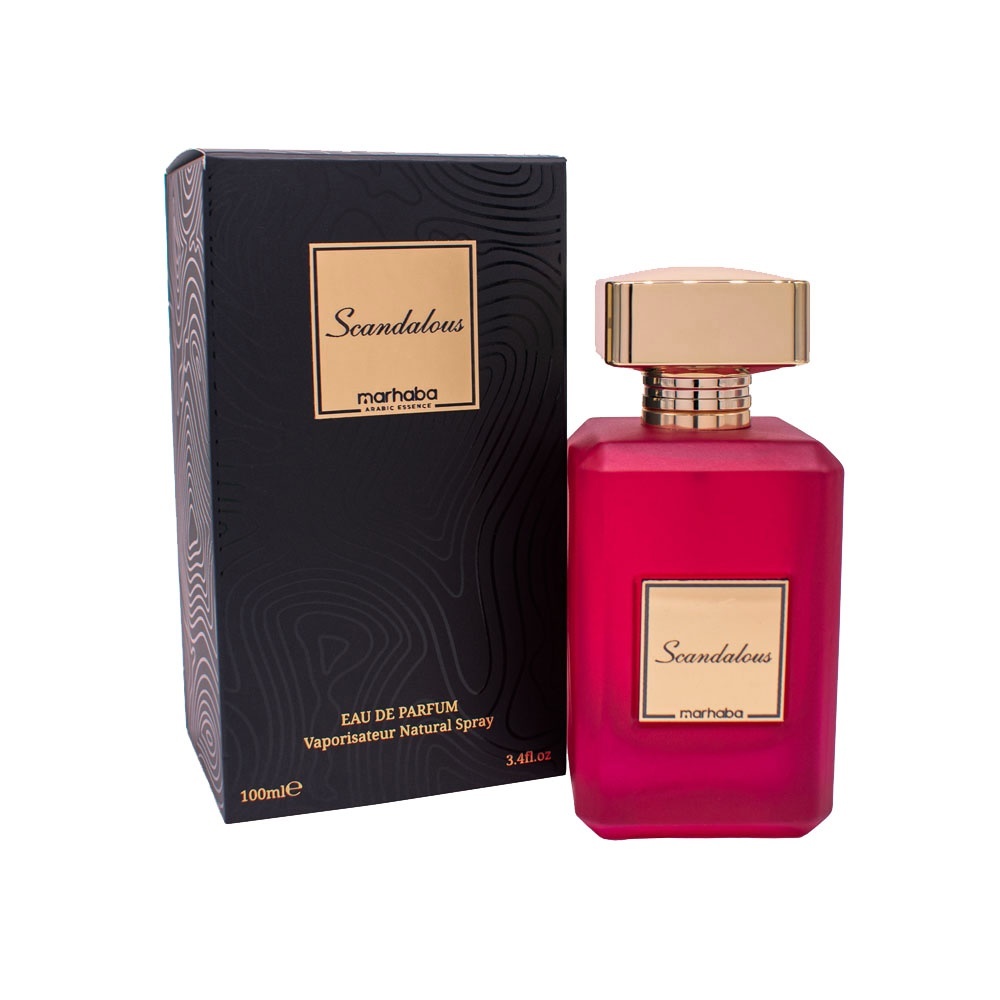 Flacon și cutie Scandalous Marhaba parfum damă 100 ml pe fundal alb