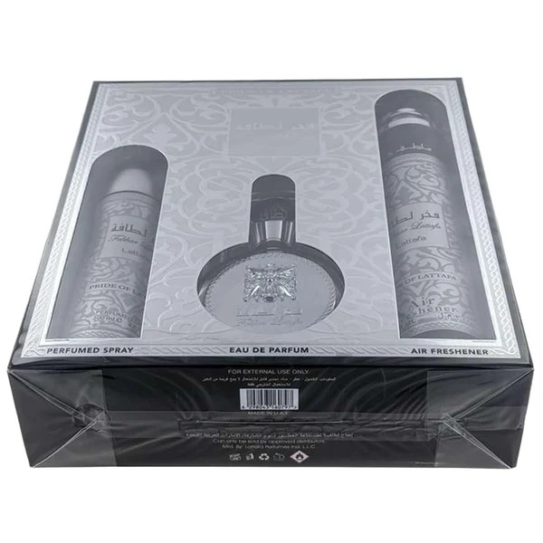 Lattafa Fakhar Man set 3 piese - fotografia originala a cutiei sigilate cu parfum spray corp si odorizant camera