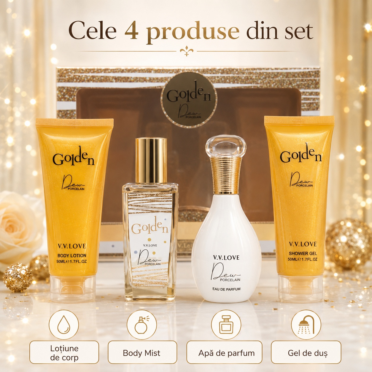 Set V.V. Love Golden Dew Porcelain cu body lotion body mist eau de parfum și shower gel