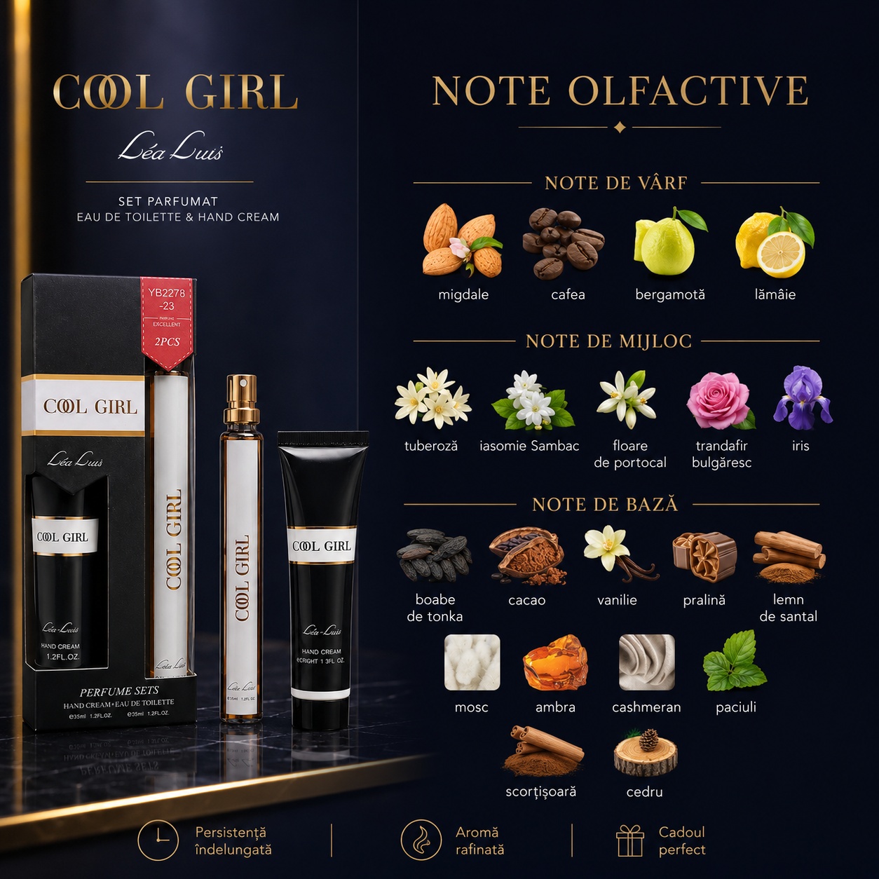 Note olfactive Cool Girl migdale cafea bergamotă lăm&acirc;ie tuberoză iasomie Sambac floare de portocal trandafir bulgăresc iris tonka cacao vanilie pralină mosc ambră cashmeran paciuli scorțișoară cedru