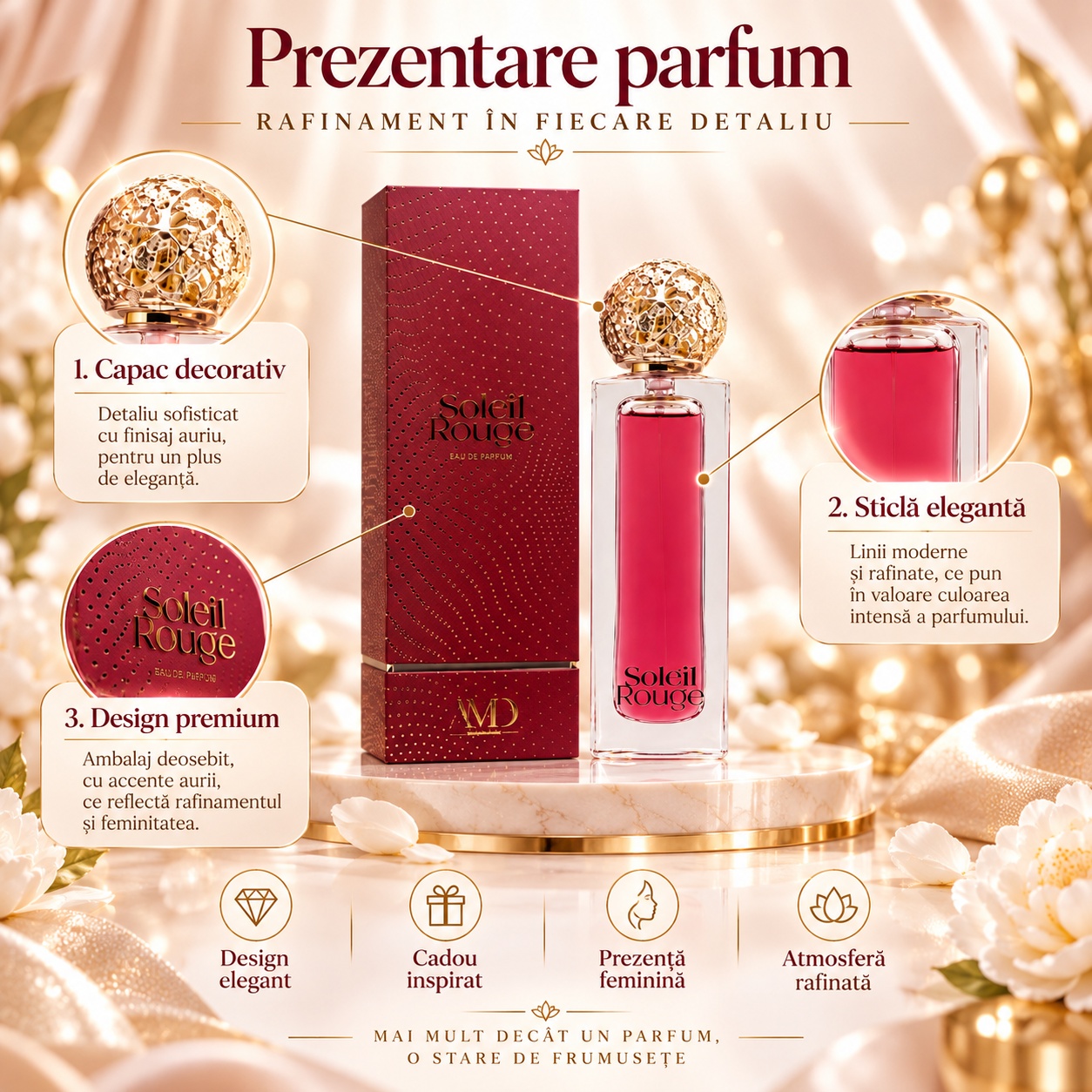 Prezentare Soleil Rouge AMD Perfumes cu flacon și ambalaj