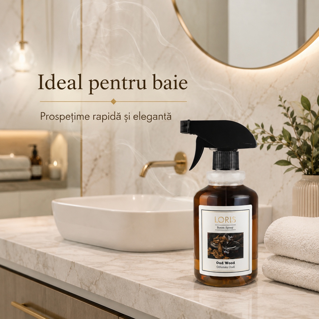 Spray Odorizant Loris Pafum Oud Wood ideal pentru baie prospețime rapidă și rafinată