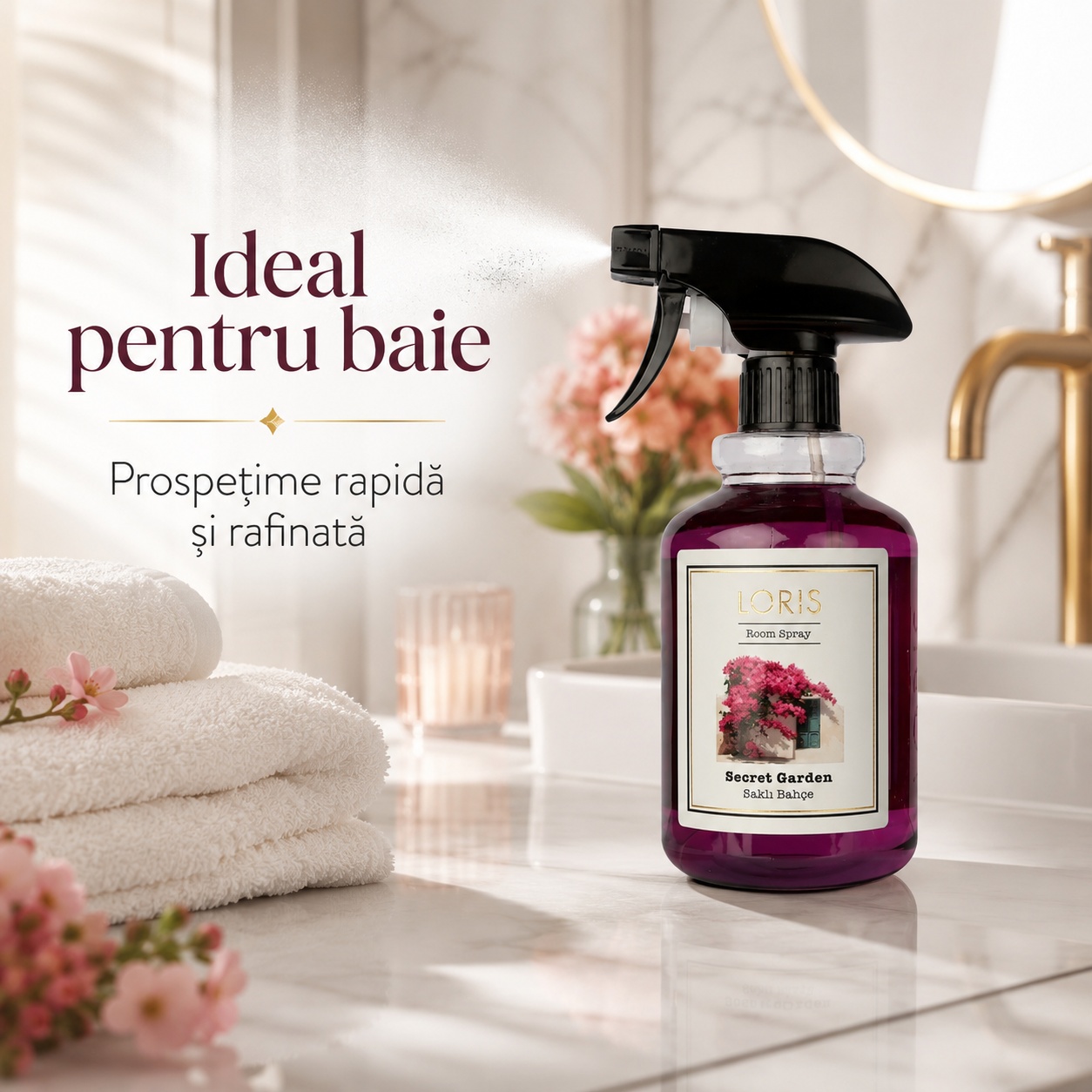 Spray Odorizant Loris Pafum Secret Garden ideal pentru baie prospețime rapidă și rafinată