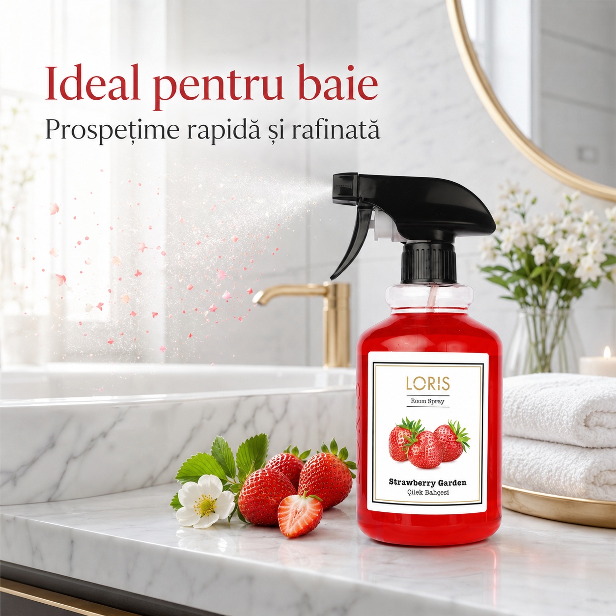Spray Odorizant Loris Pafum Strawberry Garden ideal pentru baie prospețime rapidă și rafinată