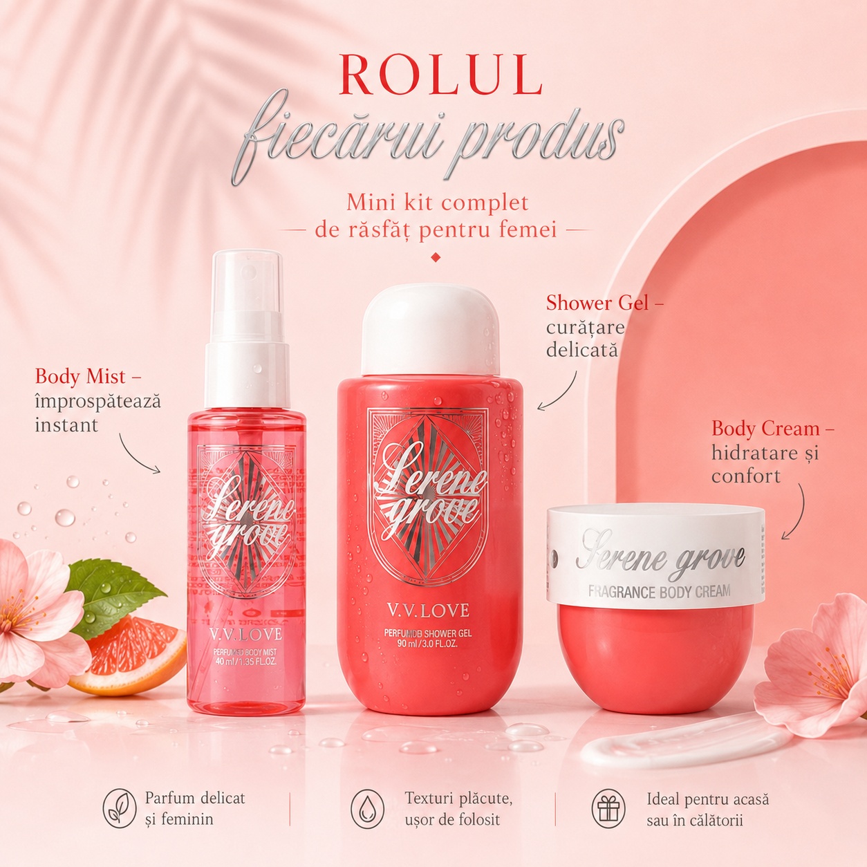 Rolul fiecărui produs din Travel Kit V.V. Love Serene Grove Body Mist Shower Gel Body Cream