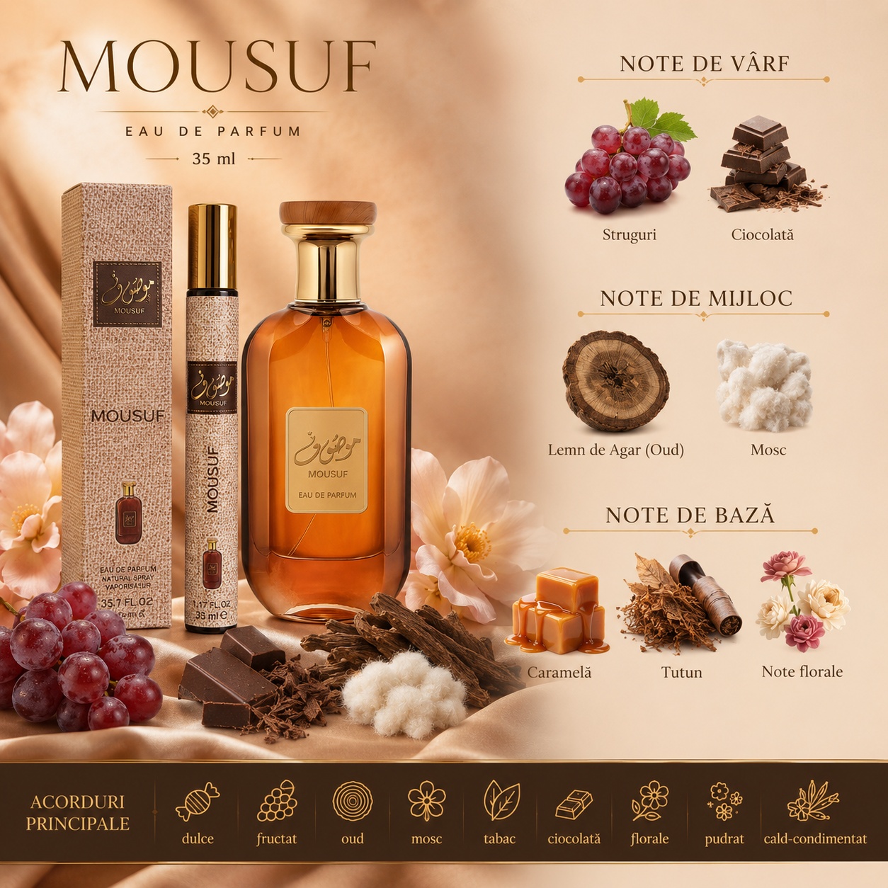 Note olfactive parfum Mousuf struguri ciocolată oud mosc caramelă tutun note florale