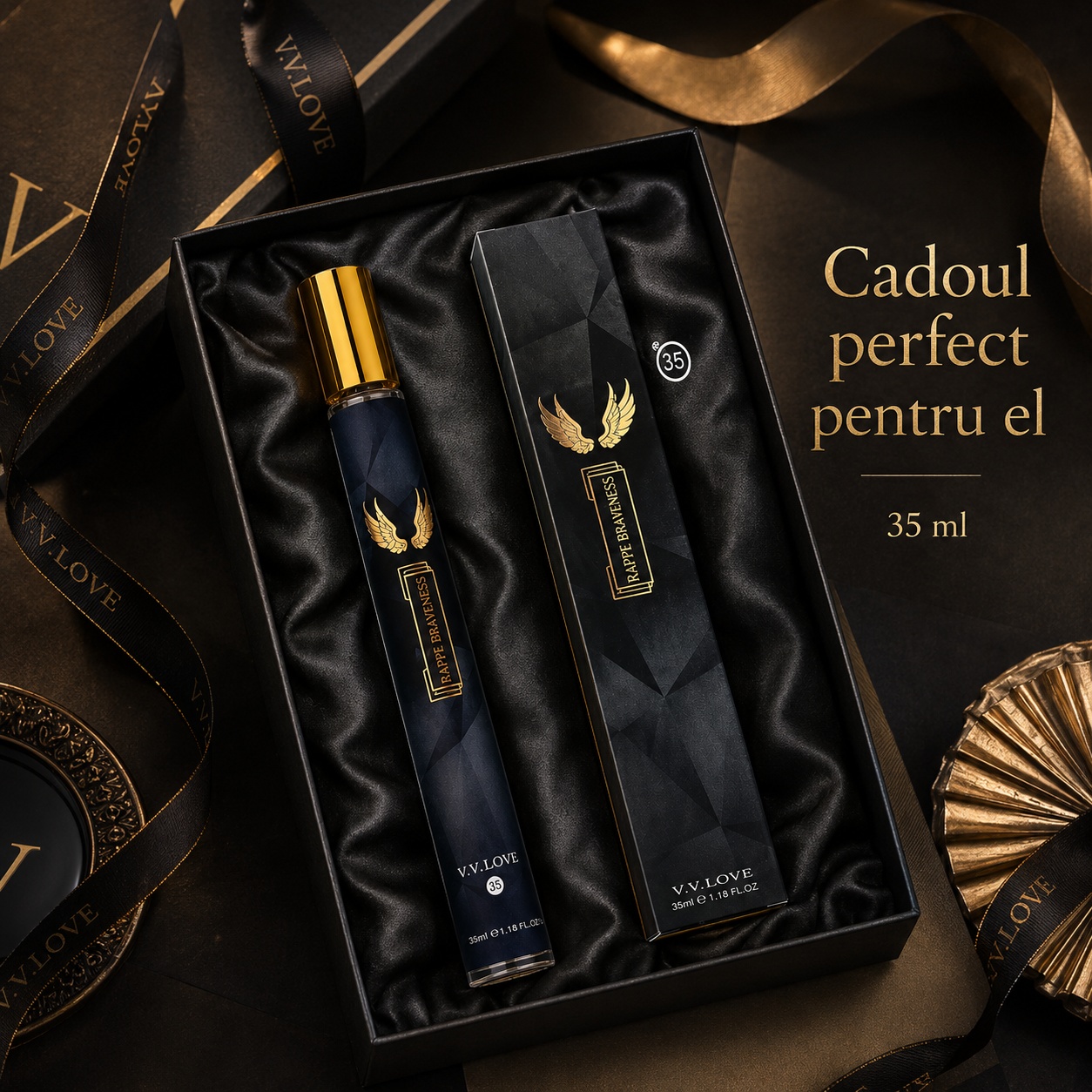 Parfum Rappe Braveness 35 ml cadou perfect pentru bărbați cu ambalaj negru și auriu