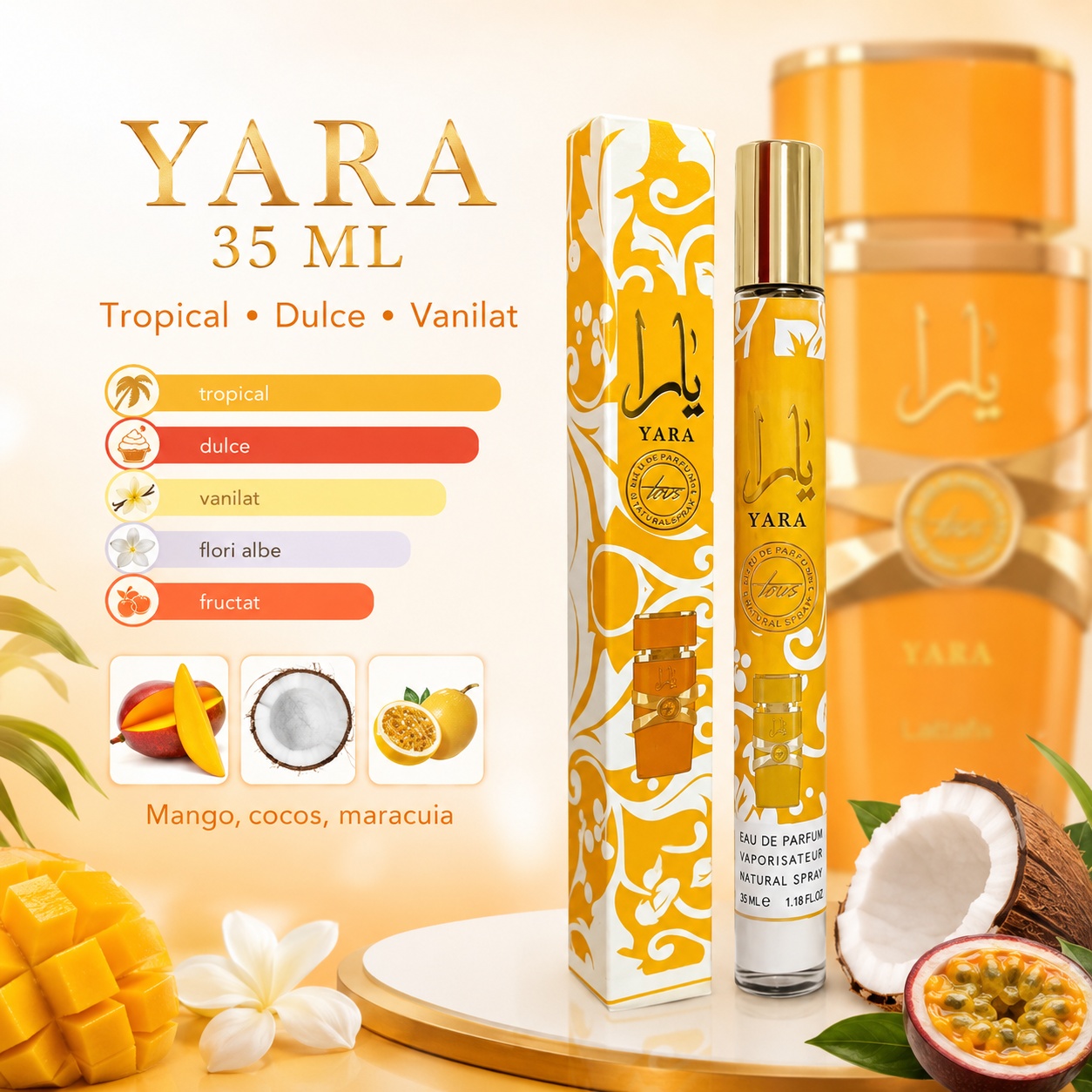 Yara 35 ml tropical dulce vanilat, note de mango cocos maracuia iasomie vanilie mosc și cashmeran
