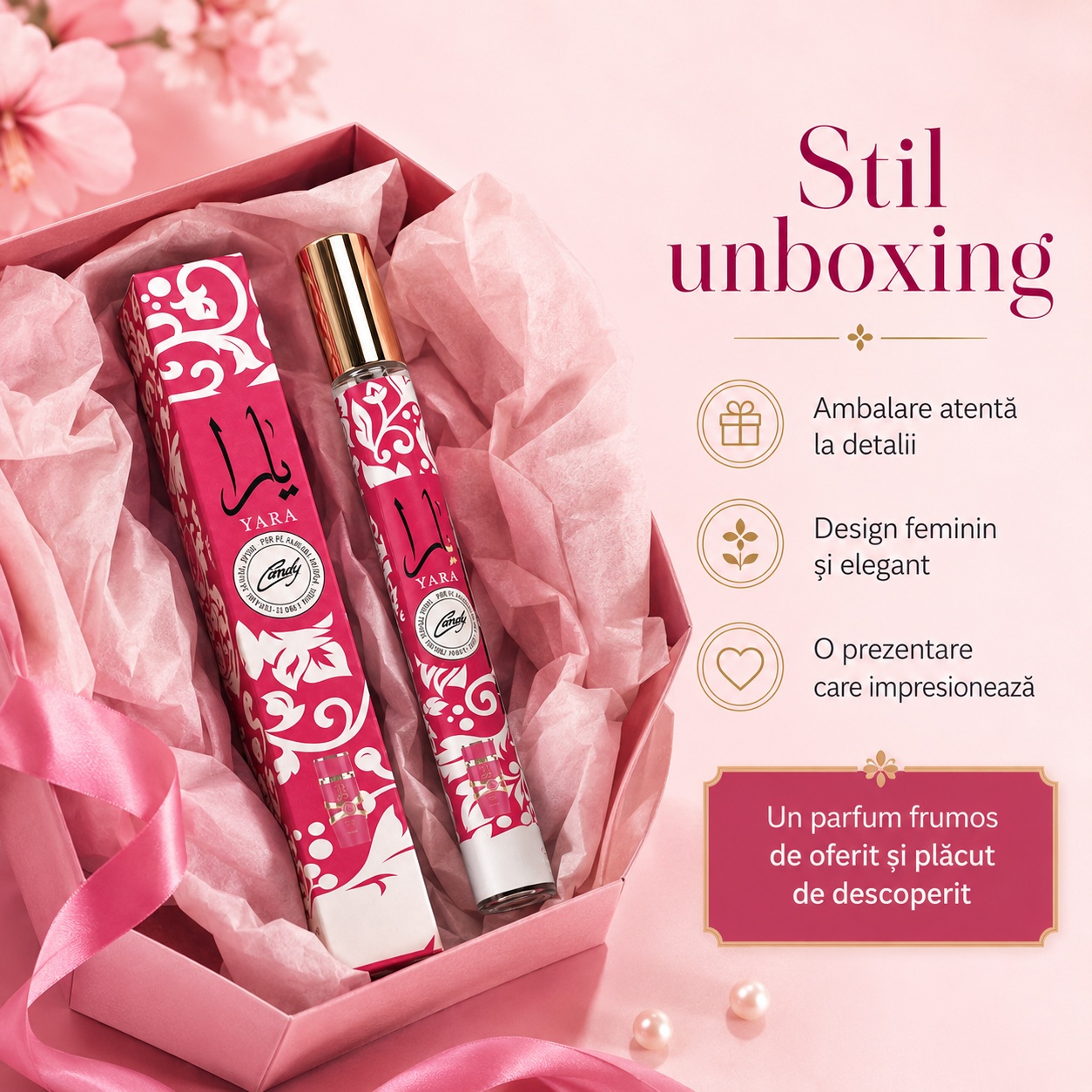 Stil unboxing Yara Candy Lattafa 35 ml ambalare atentă design feminin și prezentare elegantă
