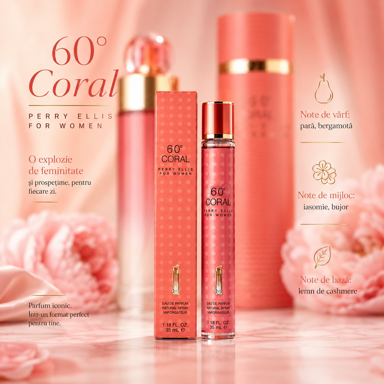 Note olfactive 60 Coral For Women pară bergamotă iasomie bujor și lemn de cașmir