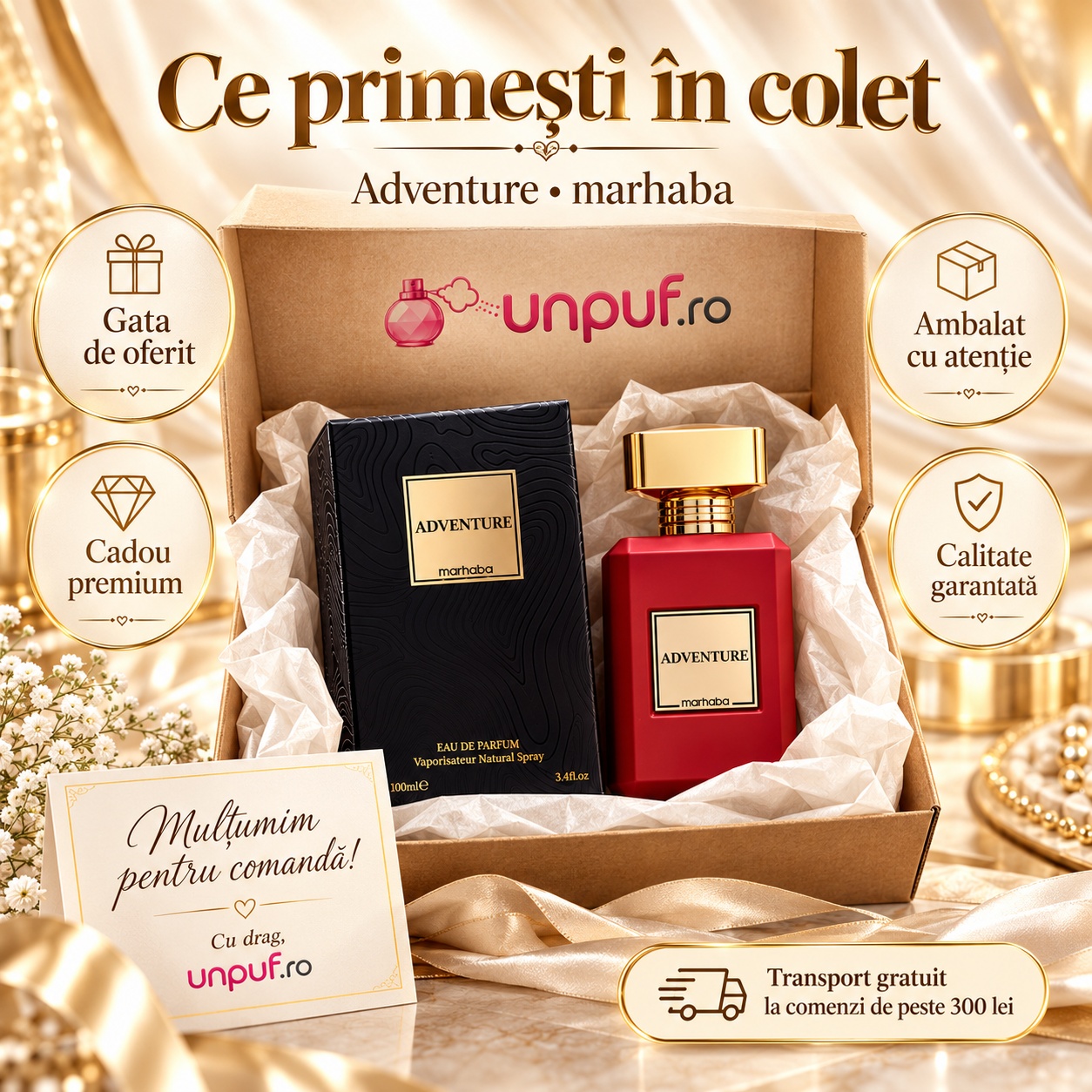 Ce primești în colet Adventure Marhaba Eau de Parfum 100 ml parfum bărbătesc ambalat premium pentru cadou