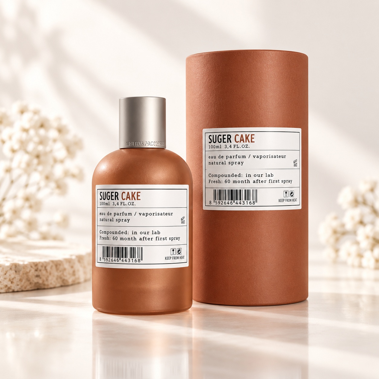 Aro-Fac Cake Suger Eau de Parfum 100 ml parfum unisex inspirat de Italica Xerjoff cu flacon caramel și cutie cilindrică