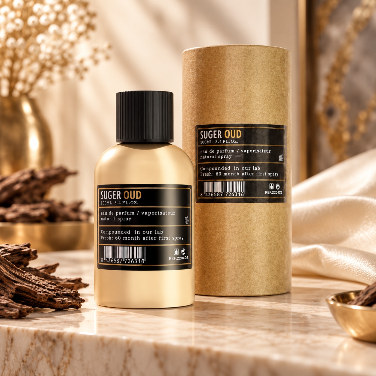 Aro-Fac Oud Suger Eau de Parfum 100 ml parfum unisex floral lemnos cu flacon auriu și cutie premium