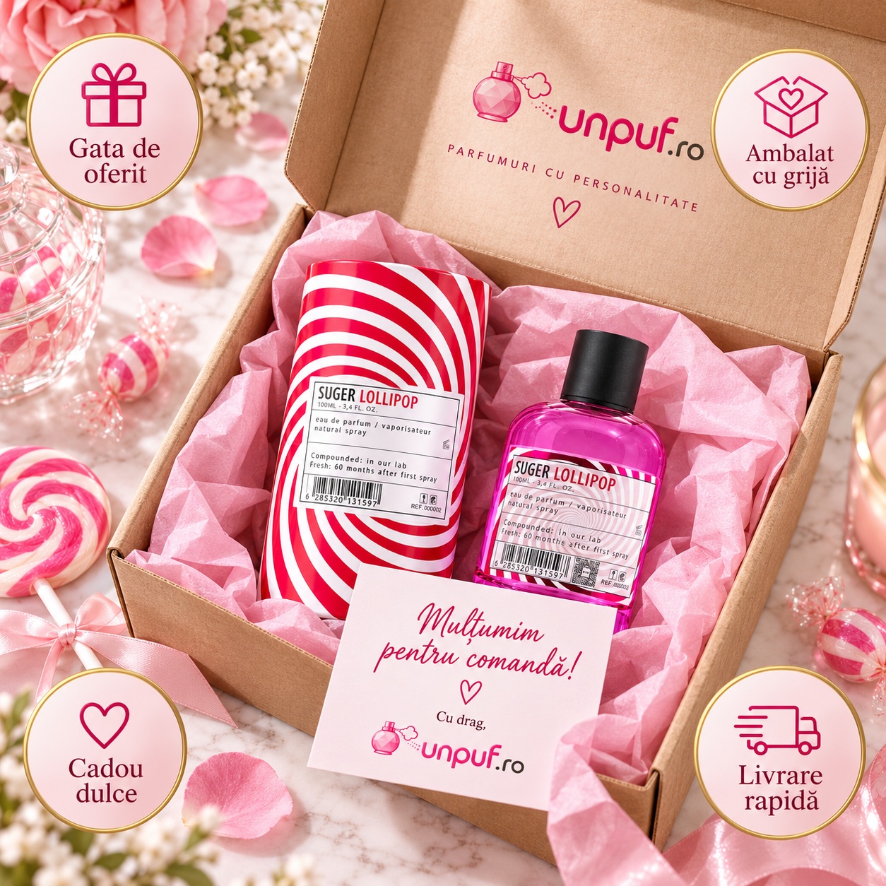 Ce primești în colet Aro-Fac Suger Lollipop Eau de Parfum 100 ml ambalat premium pentru cadou