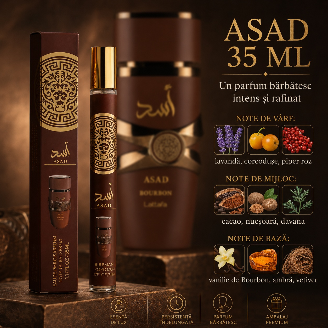 Note olfactive Asad 35 ml lavandă corcodușe piper roz cacao nucșoară davana vanilie de Bourbon ambră vetiver