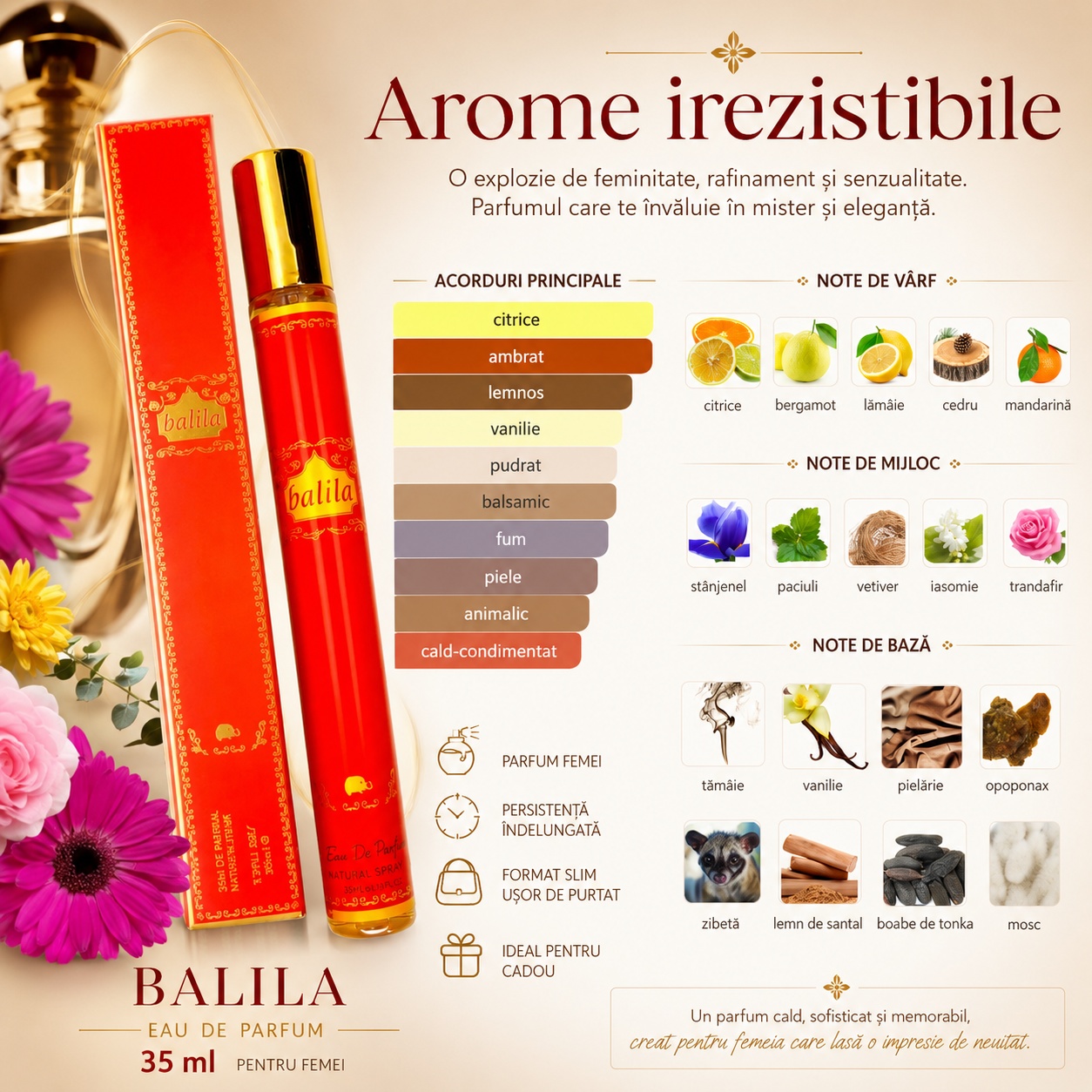Note olfactive Balila citrice bergamot lăm&acirc;ie cedru mandarină st&acirc;njenel paciuli vetiver iasomie trandafir tăm&acirc;ie vanilie pielărie opoponax zibetă lemn de santal boabe de tonka și mosc
