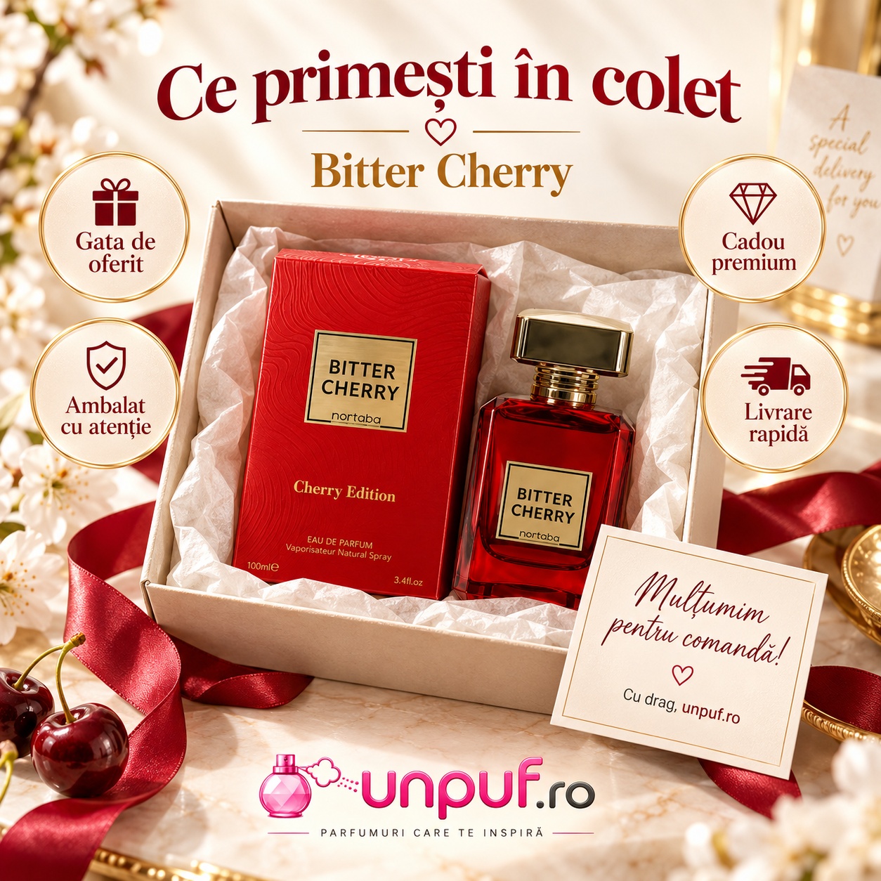 Ce primești în colet Bitter Cherry Marhaba Eau de Parfum 100 ml parfum ambalat premium pentru cadou