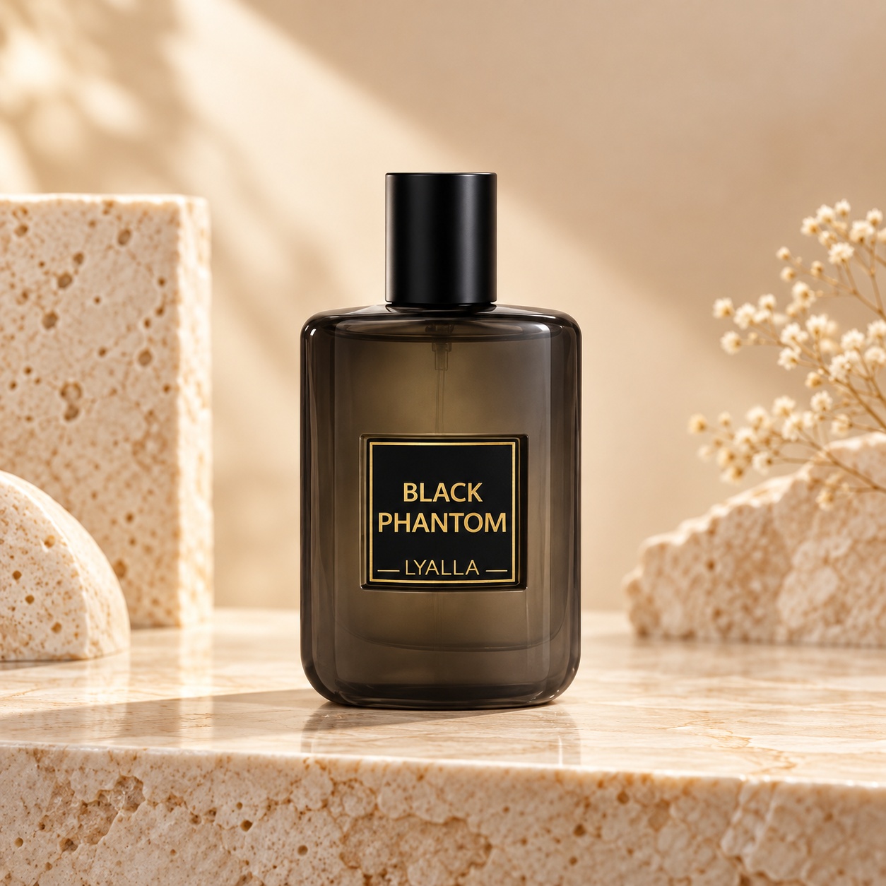 Flacon Black Phantom Yalla parfum 50 ml cu sticlă fumurie etichetă neagră și detalii aurii