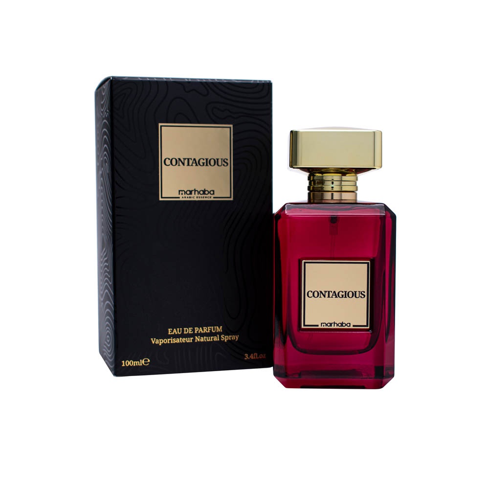 Contagious Marhaba Eau de Parfum 100 ml cu flacon roșu și cutie neagră pe fundal alb
