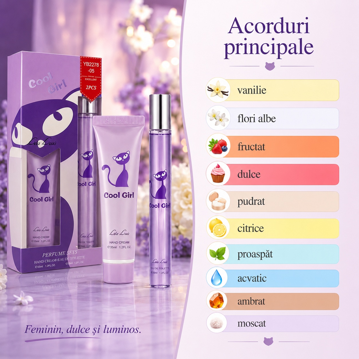 Acorduri principale Cool Girl vanilie flori albe fructat dulce pudrat citrice proaspăt acvatic ambrat moscat