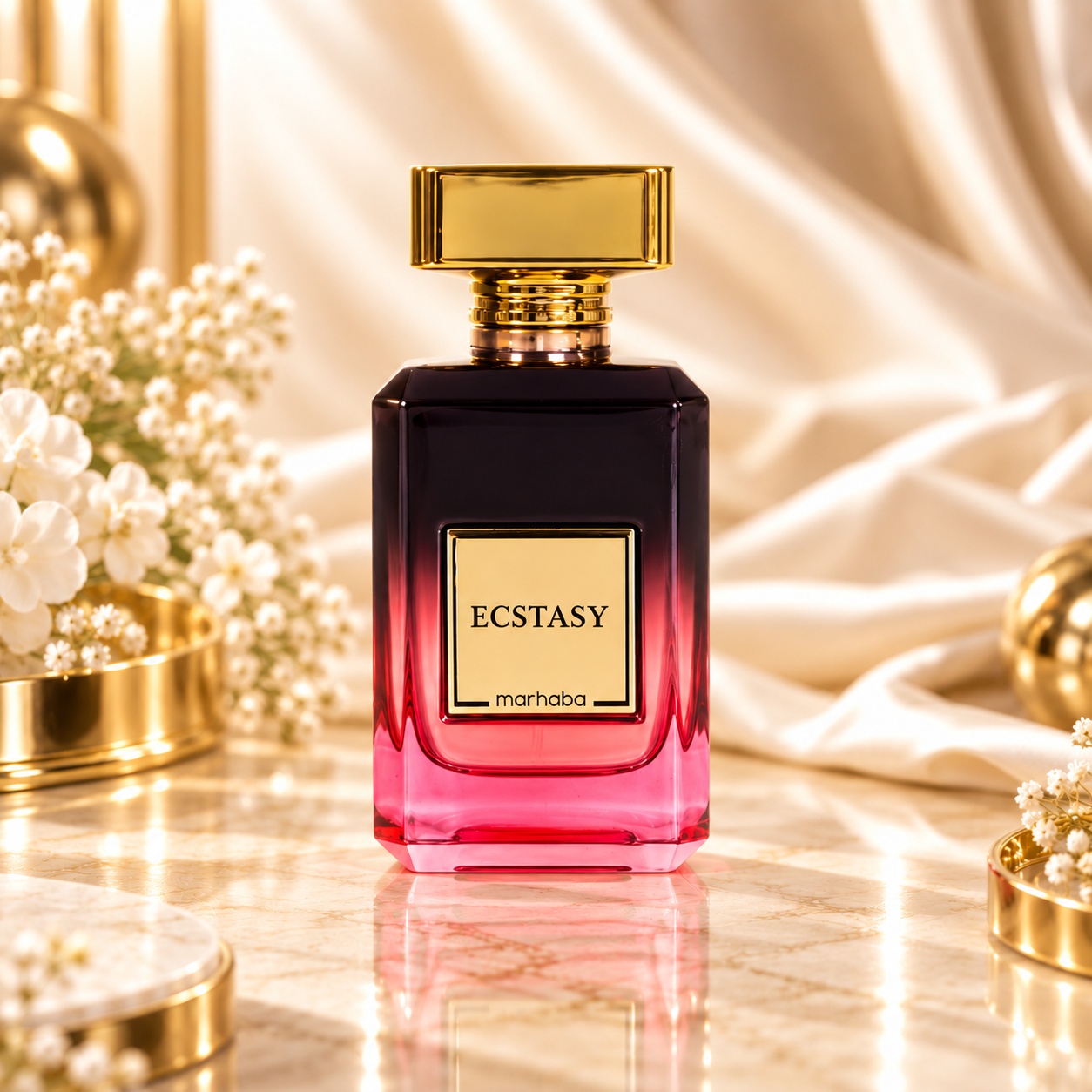 Flacon Ecstasy Marhaba parfum unisex 100 ml cu gradient roz negru capac auriu și etichetă elegantă