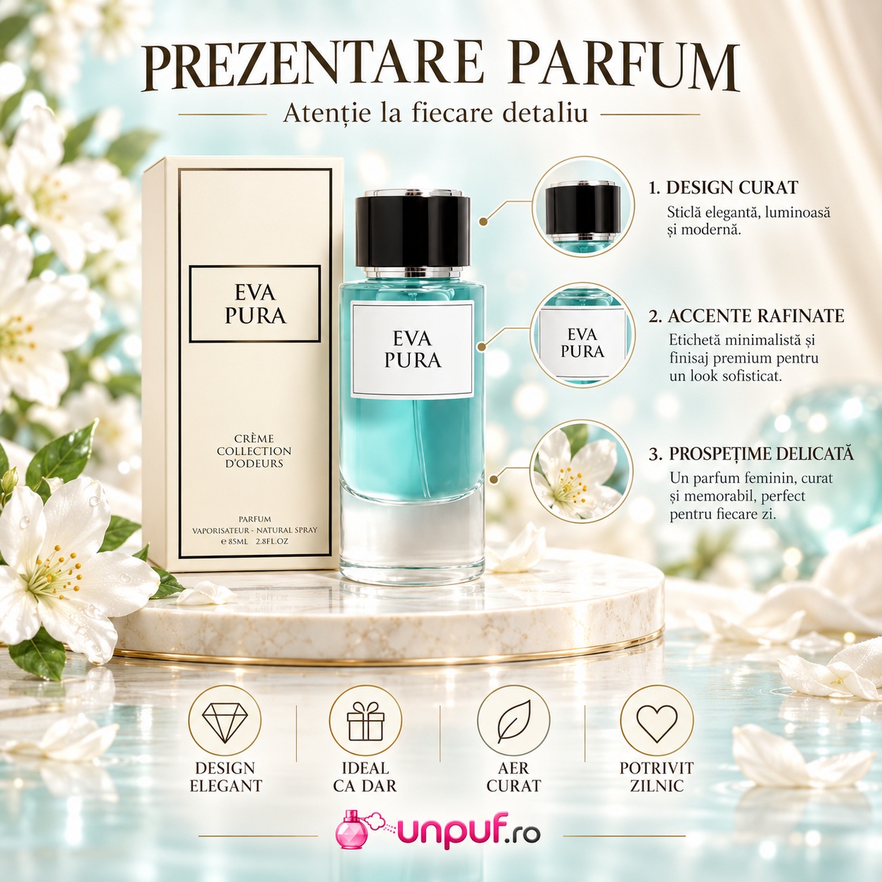 Prezentare Eva Pura AMD Perfumes cu detalii despre flacon design curat și prospețime delicată