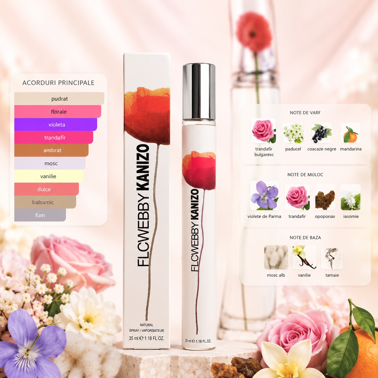 FLCWEBBY Kanizo parfum damă floral pudrat cu note de trandafir violetă mosc vanilie și tăm&acirc;ie