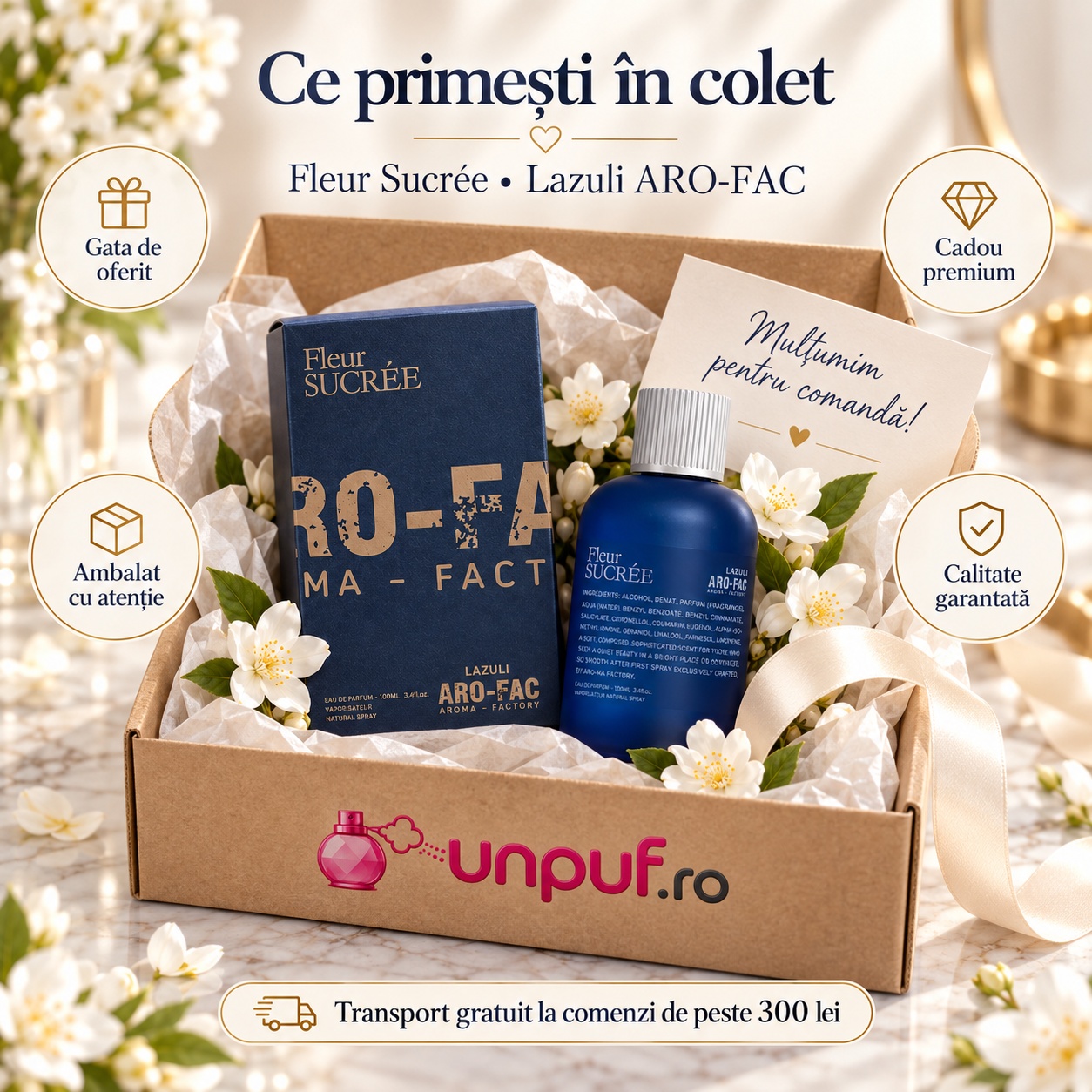 Ce primești în colet Fleur Sucree Aro-Fac Lazuli Eau de Parfum 100 ml ambalat premium pentru cadou