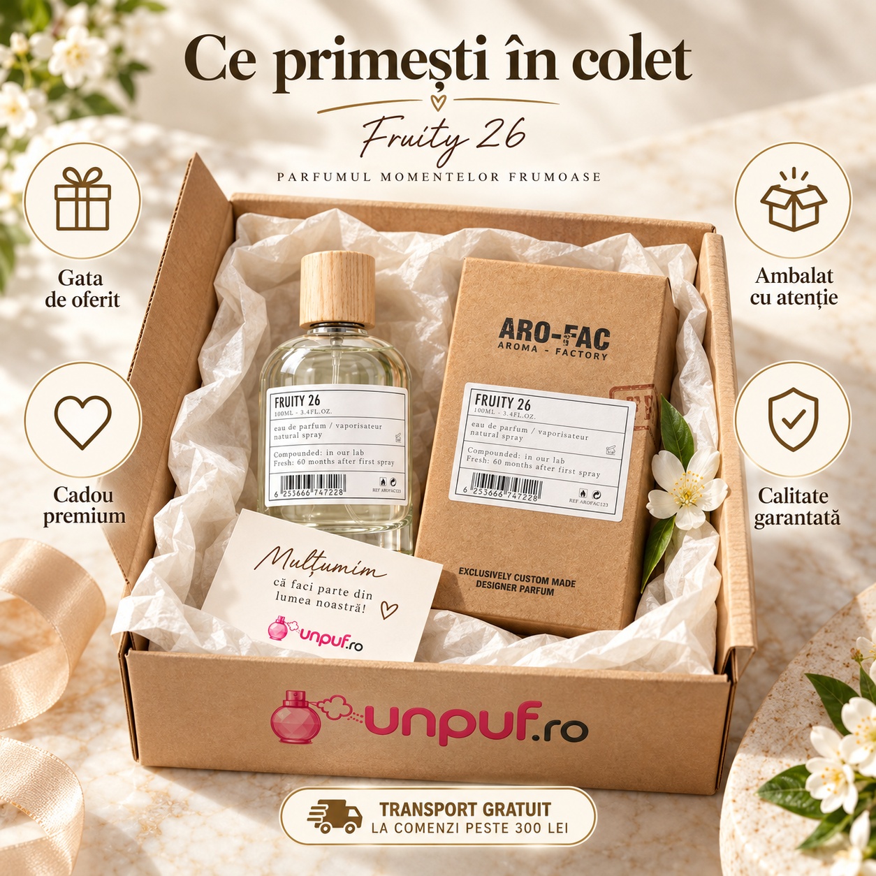 Ce primești în colet Fruity 26 Aro-Fac Eau de Parfum 100 ml ambalat pentru cadou