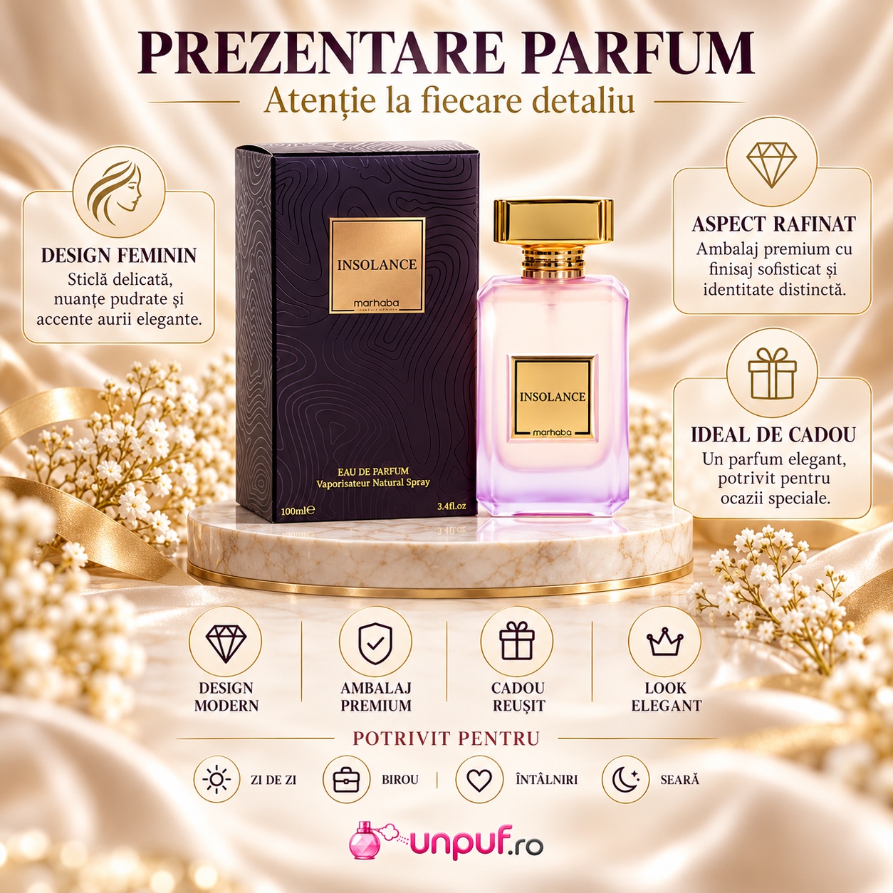 Prezentare parfum Insolance Marhaba 100 ml cu detalii despre design feminin ambalaj premium și cadou elegant