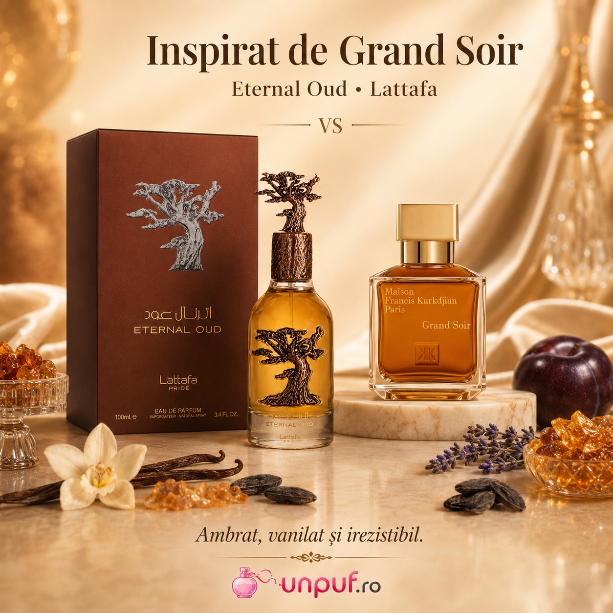 Lattafa Eternal Oud parfum inspirat de Grand Soir cu aromă ambrată vanilată și irezistibilă