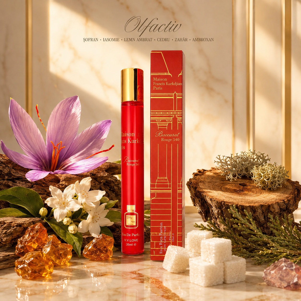Ingrediente parfum Baccarat Rouge 540 șofran iasomie lemn ambrat cedru zahăr ambroxan