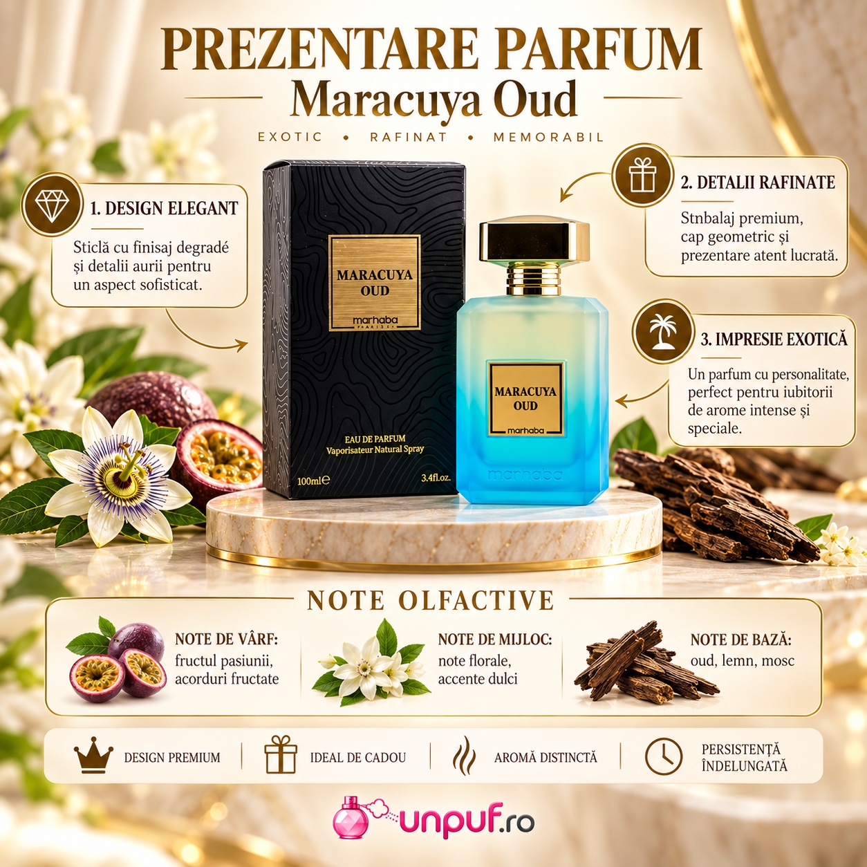 Prezentare parfum Maracuya Oud Marhaba 100 ml cu note olfactive maracuia oud si mosc