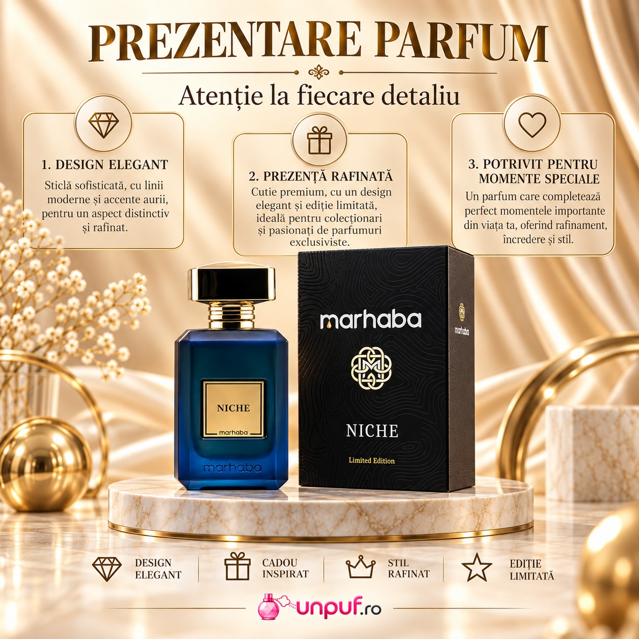 Prezentare parfum Niche Marhaba 100 ml cu detalii despre design elegant cadou și stil rafinat