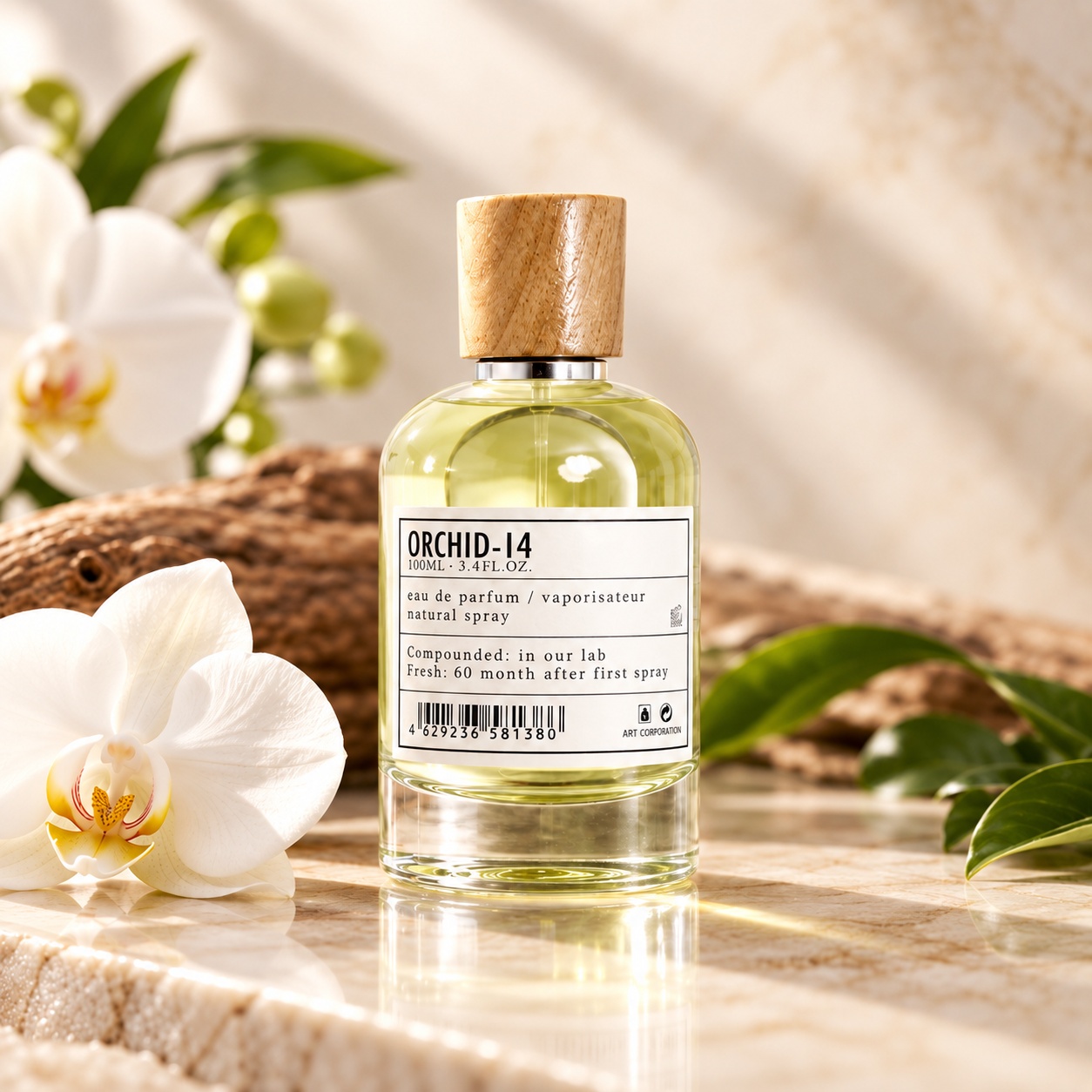 Flacon Orchid 14 Aro-Fac parfum unisex 100 ml în decor tropical cu orhidee albe