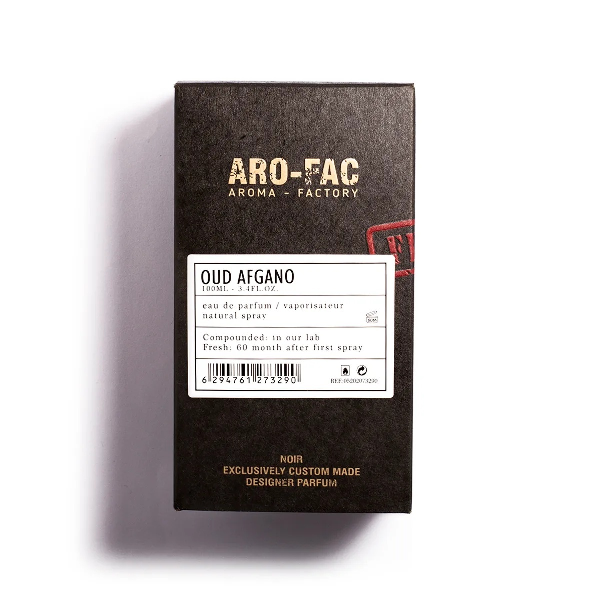 Cutie Oud Afgano Aro-Fac Eau de Parfum 100 ml pe fundal alb