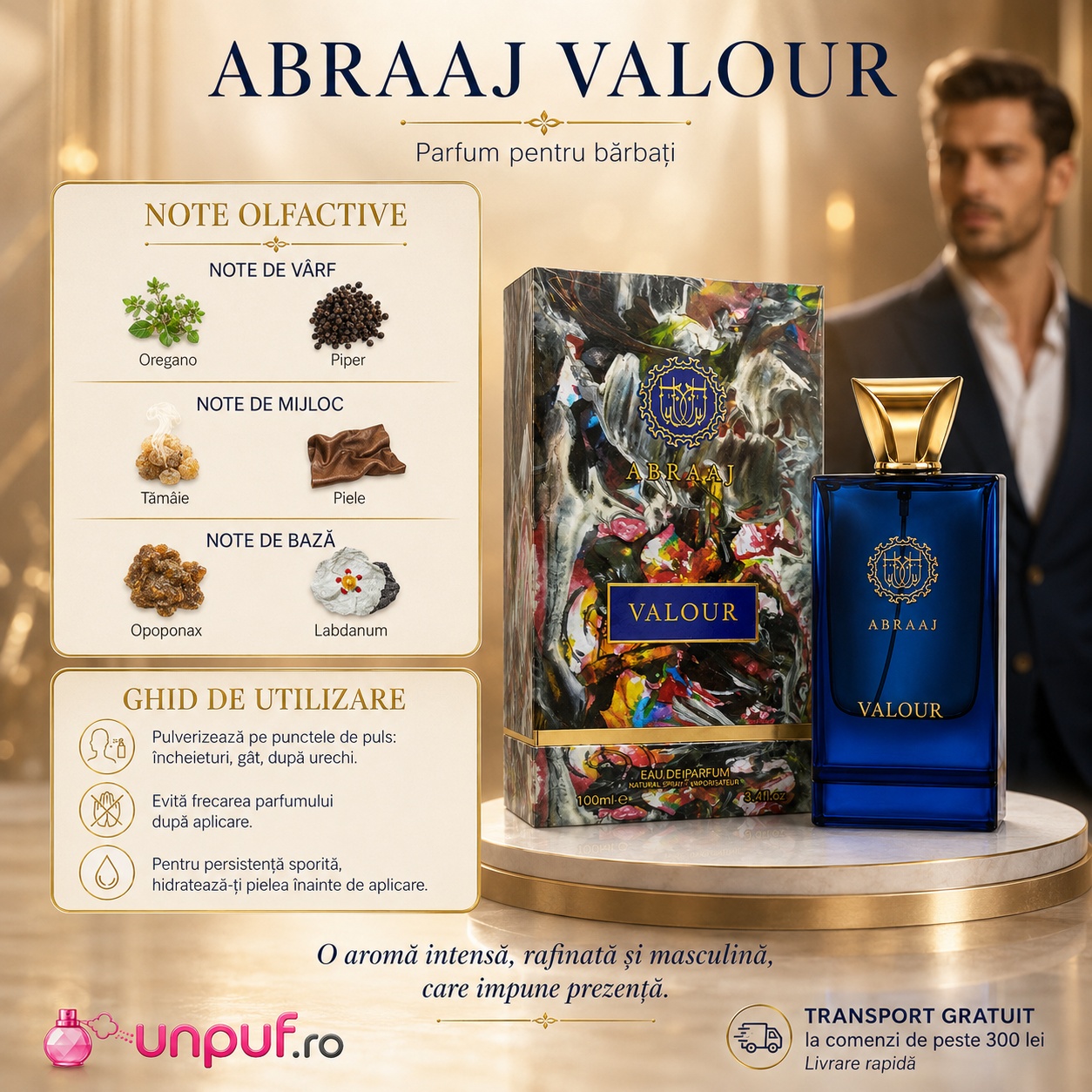 Abraaj Valour parfum pentru bărbați cu note de oregano, piper, tăm&acirc;ie, piele, opoponax și labdanum, ghid de utilizare
