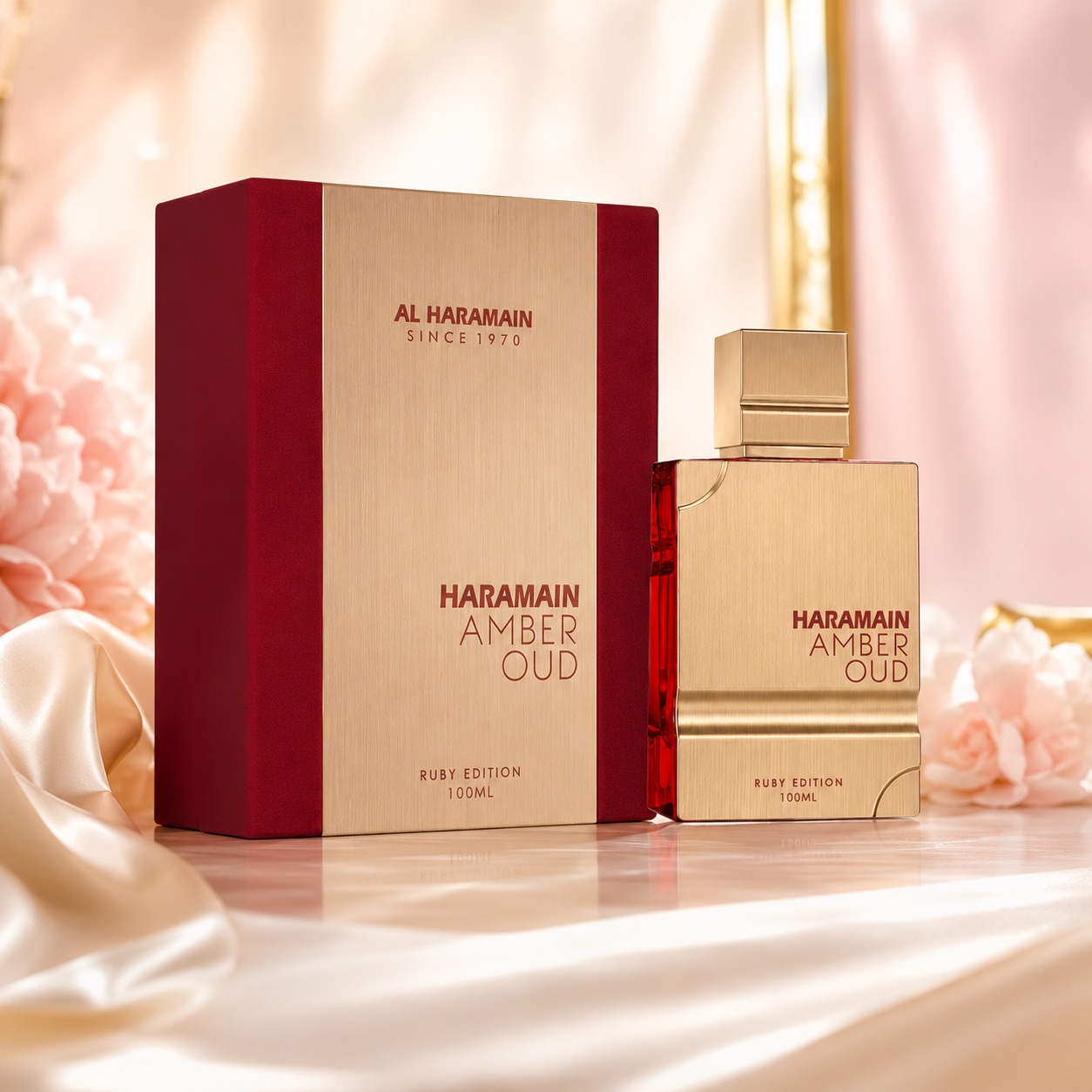 Parfum Al Haramain Amber Oud Ruby Edition 60 ml, sticlă aurie rubinie și cutie premium