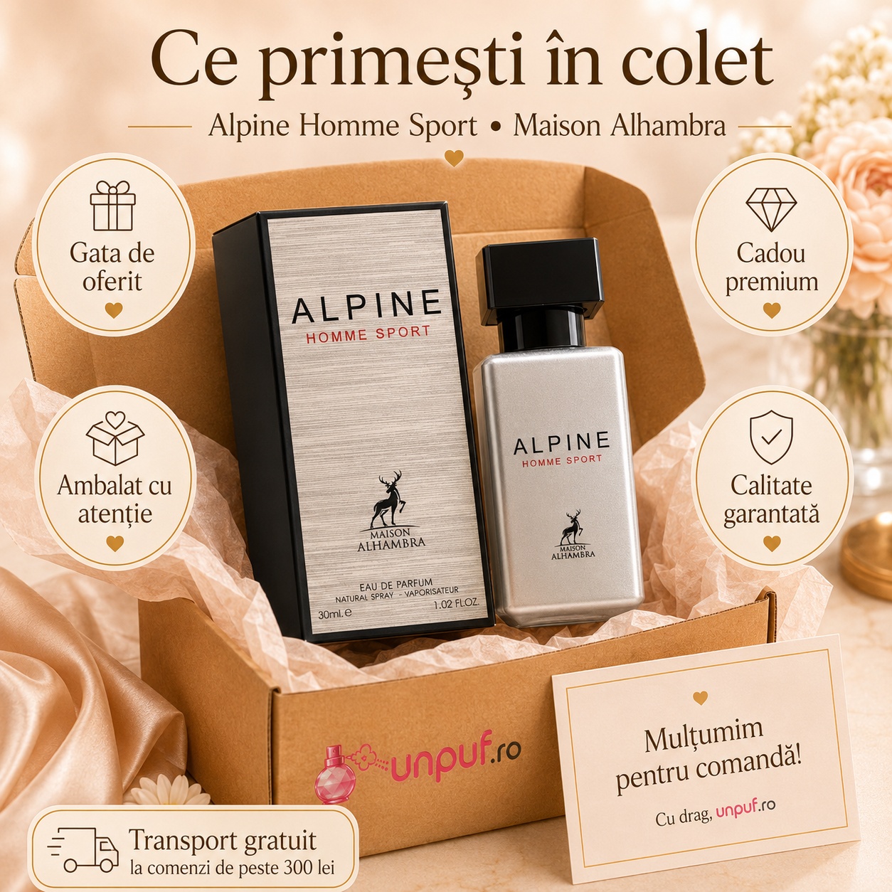 Colet parfum Alhambra Alpine Homme Sport ambalat cu atenție, gata de oferit cadou premium