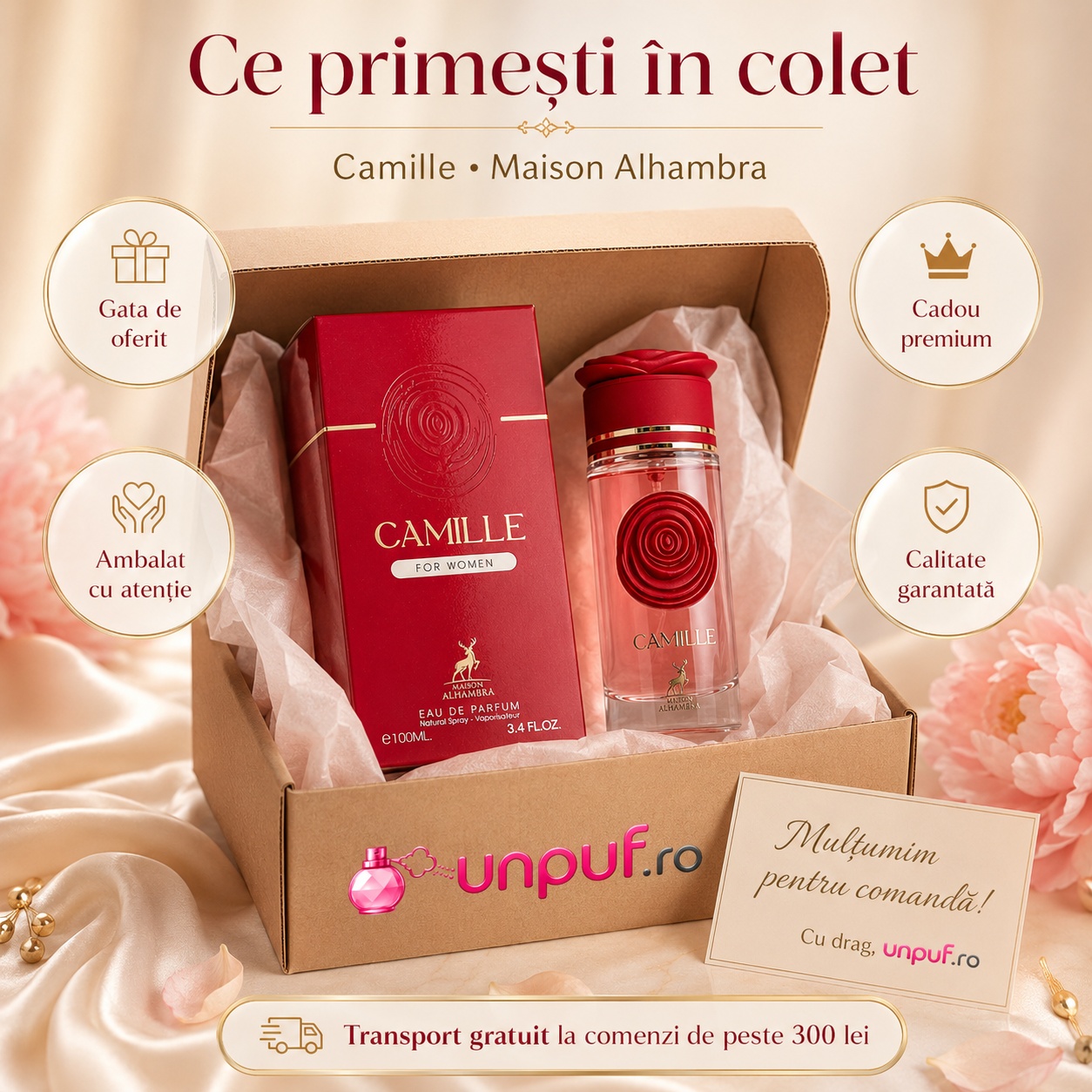Colet parfum Alhambra Camille ambalat cu atenție, gata de oferit cadou premium