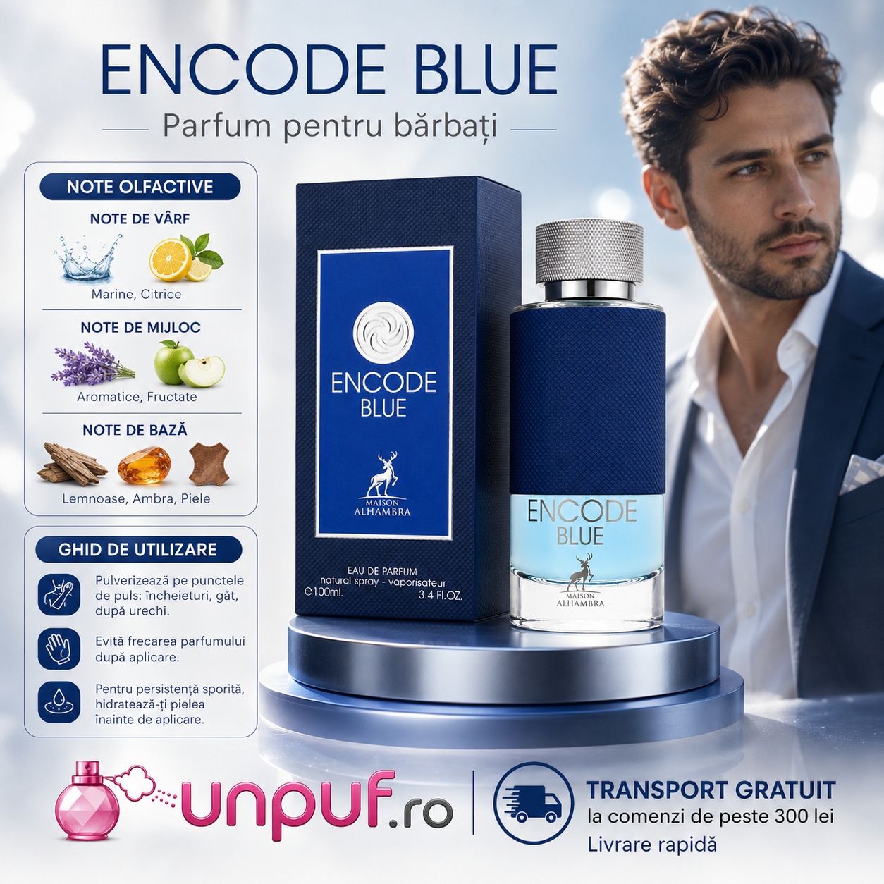 Prezentare parfum Alhambra Encode Blue Maison Alhambra 100 ml cu note olfactive și ghid de utilizare