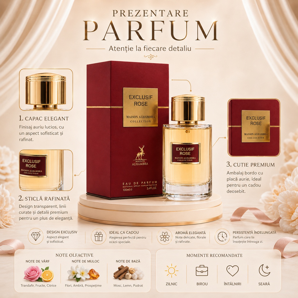 Prezentare parfum Alhambra Exclusif Rose Maison Alhambra 100 ml cu detalii premium și note olfactive